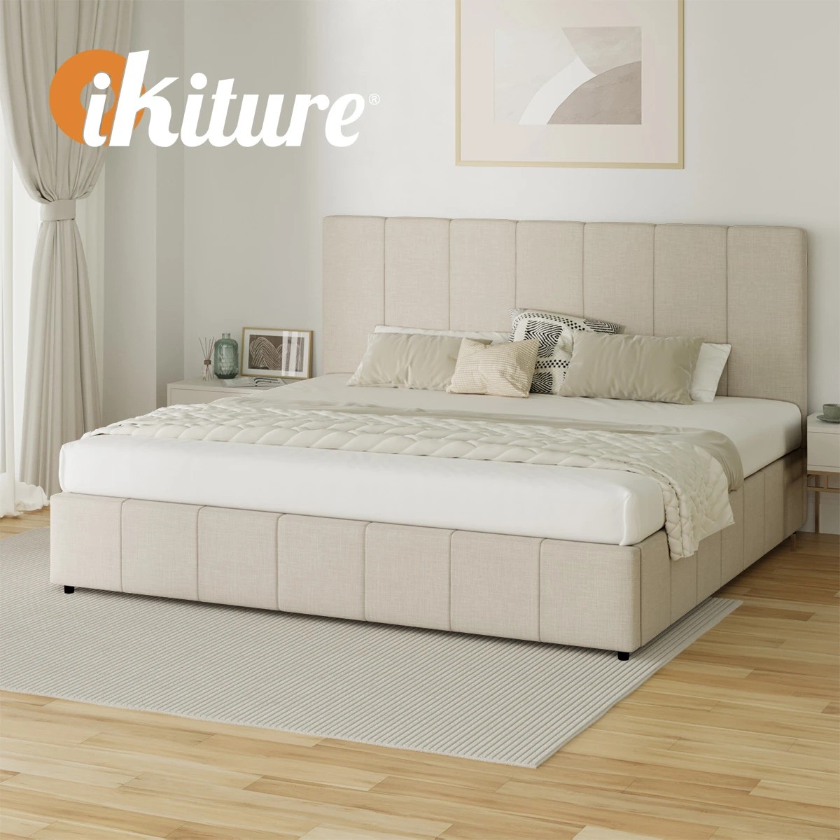 6 Oikiture King Bed Gas Lift Base With Storage Bed Frame
 - Beige, 6 of 10