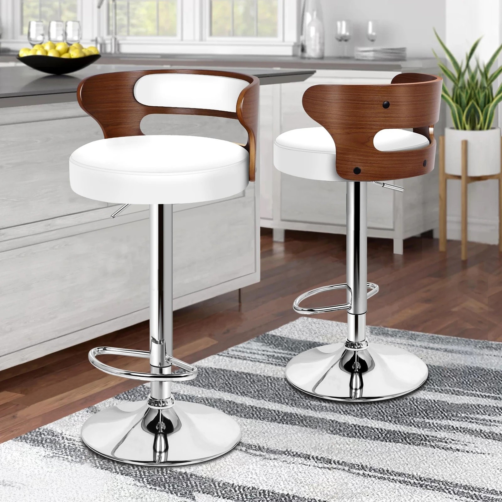 2 Alfordson 2x Bar Stool Kitchen Swivel Chair Wooden Leather Ramiro - White, 2 of 10
