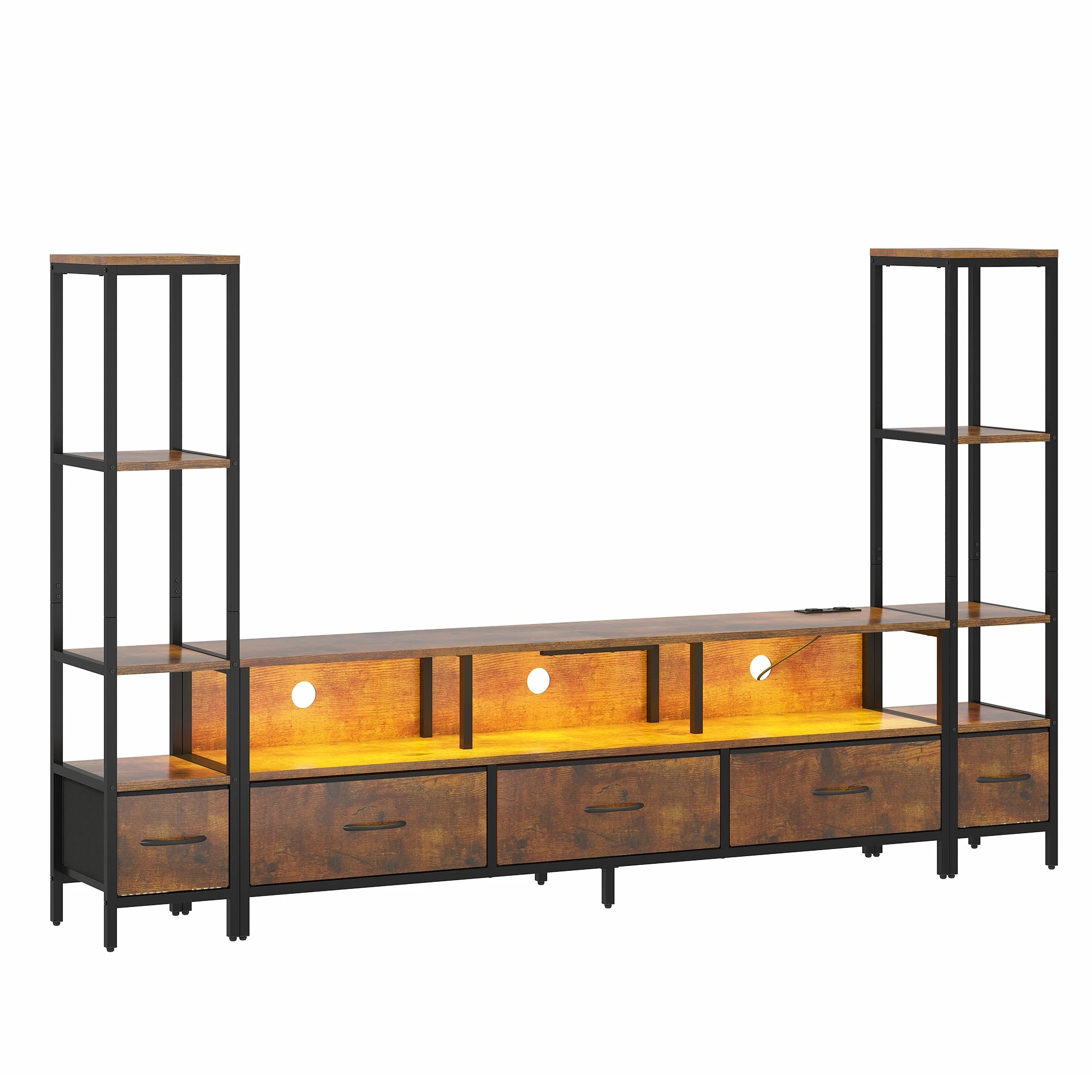 1 Advwin 197cm TV Stand with Bookshelf Entertainment Center with Power Outlet & LED Lights - Brown, 1 of 7