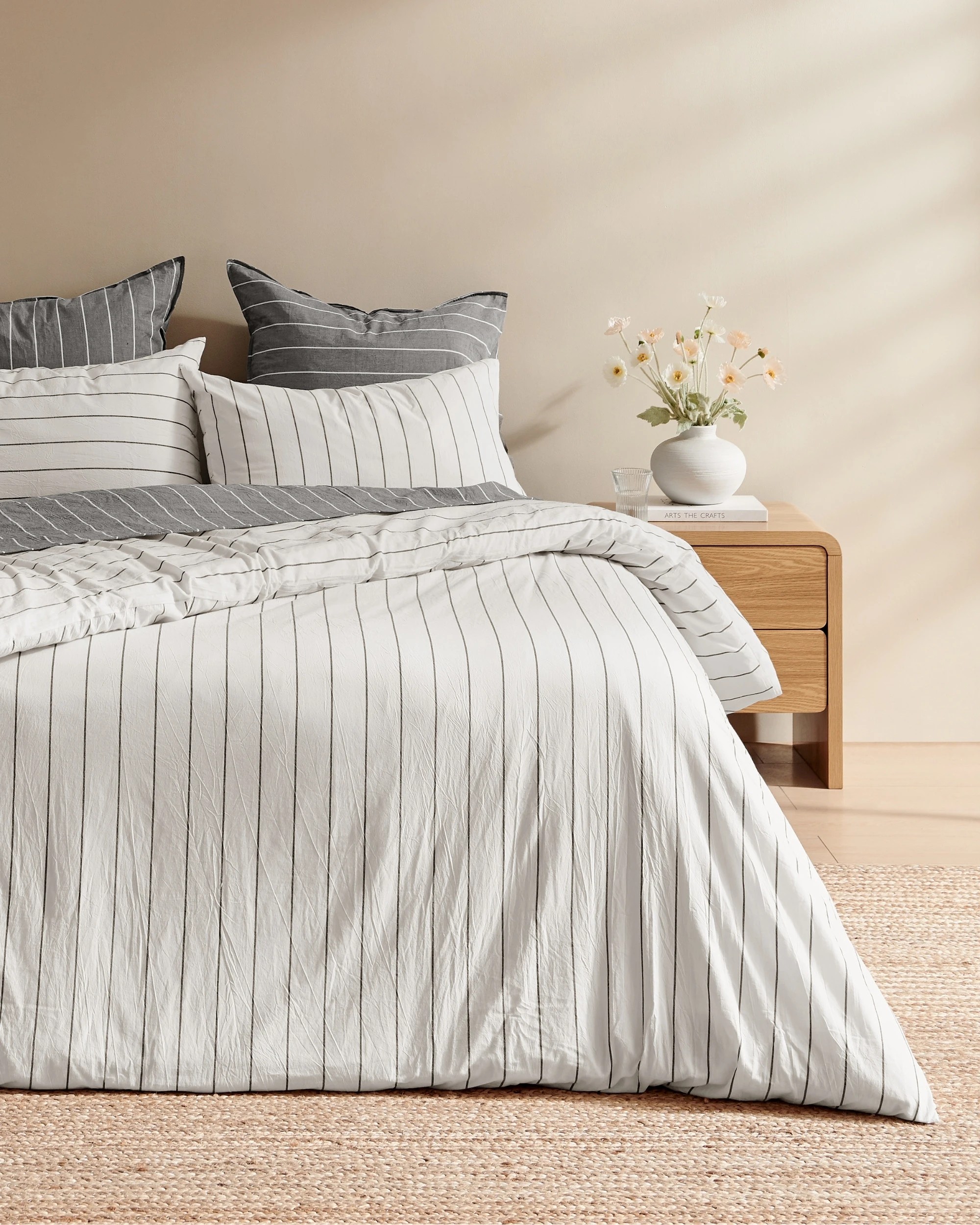 1 Dreamaker Rumi Stripe Washed Cotton Reversible Quilt Cover Set - Queen Bed - White with Graphite, 1 of 6