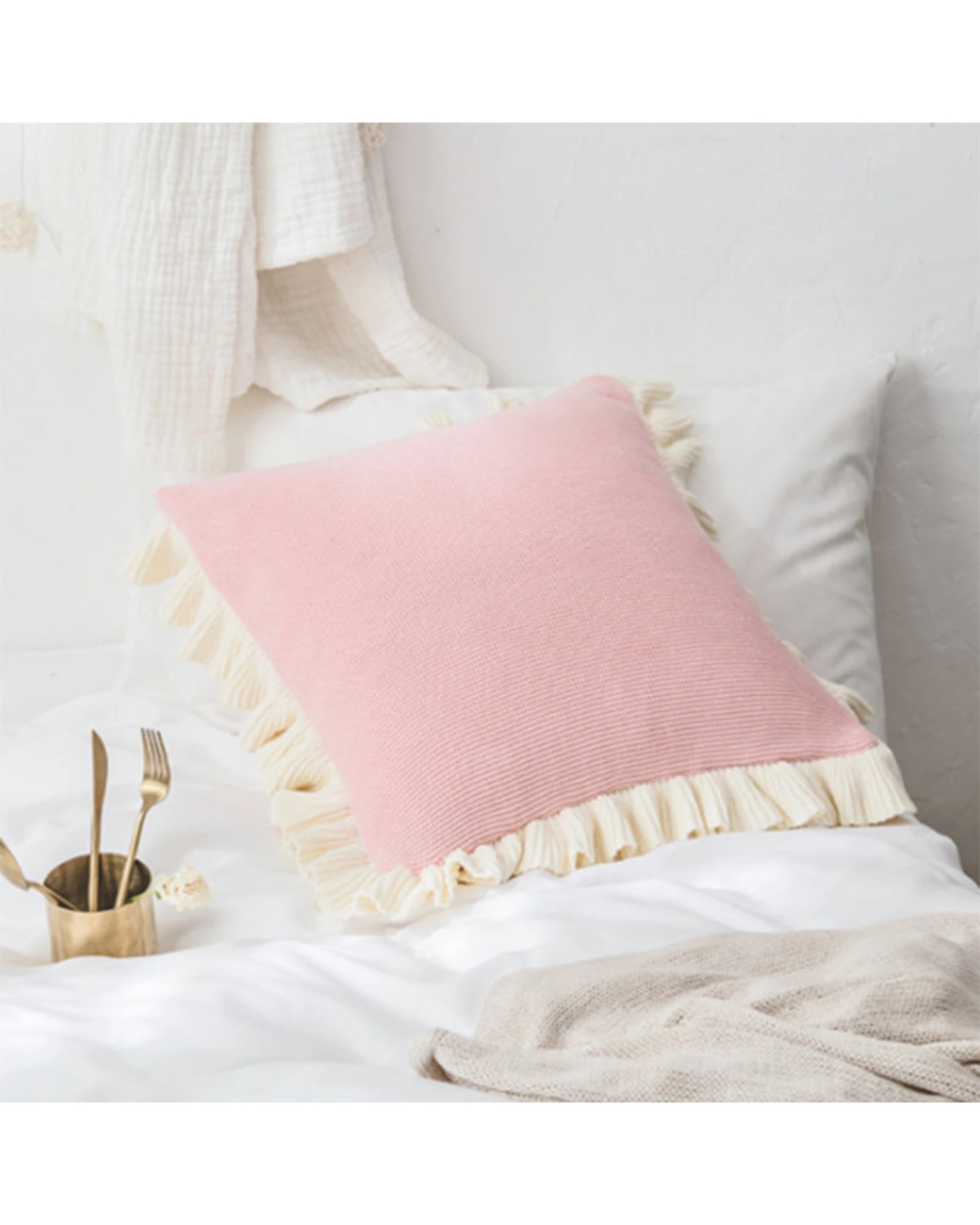3 Cotton More 100% Cotton Knitted Lotus Flange Cushion Cover 45x45cm - Pink, 3 of 3