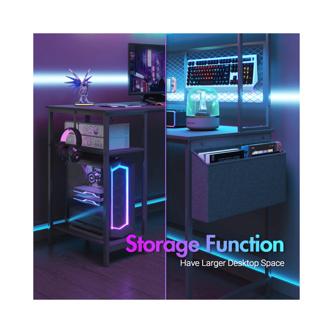 7 Advwin 170cm L Shaped Gaming Desk With Led Lights & Power Outlets Reversible Storage Shelf Computer Corner Desk Black, 7 of 10