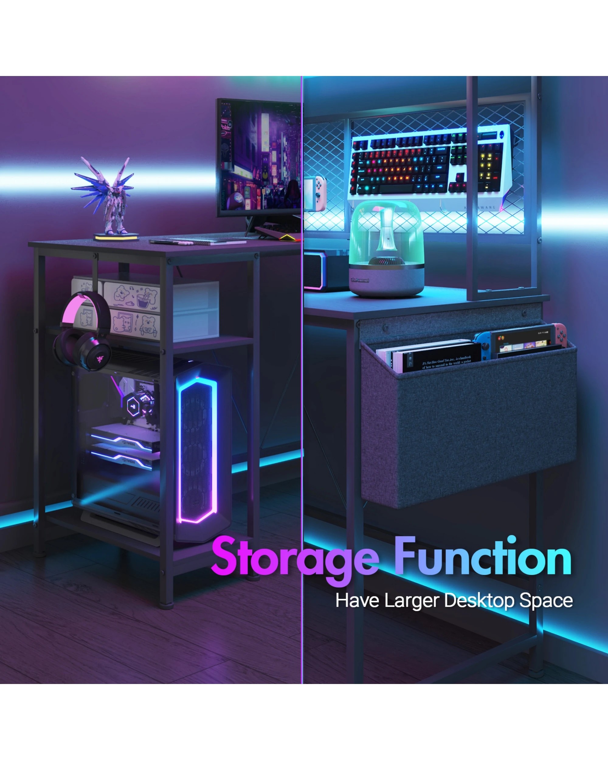 7 Advwin 170cm L Shaped Gaming Desk With Led Lights & Power Outlets Reversible Storage Shelf Computer Corner Desk Black, 7 of 10