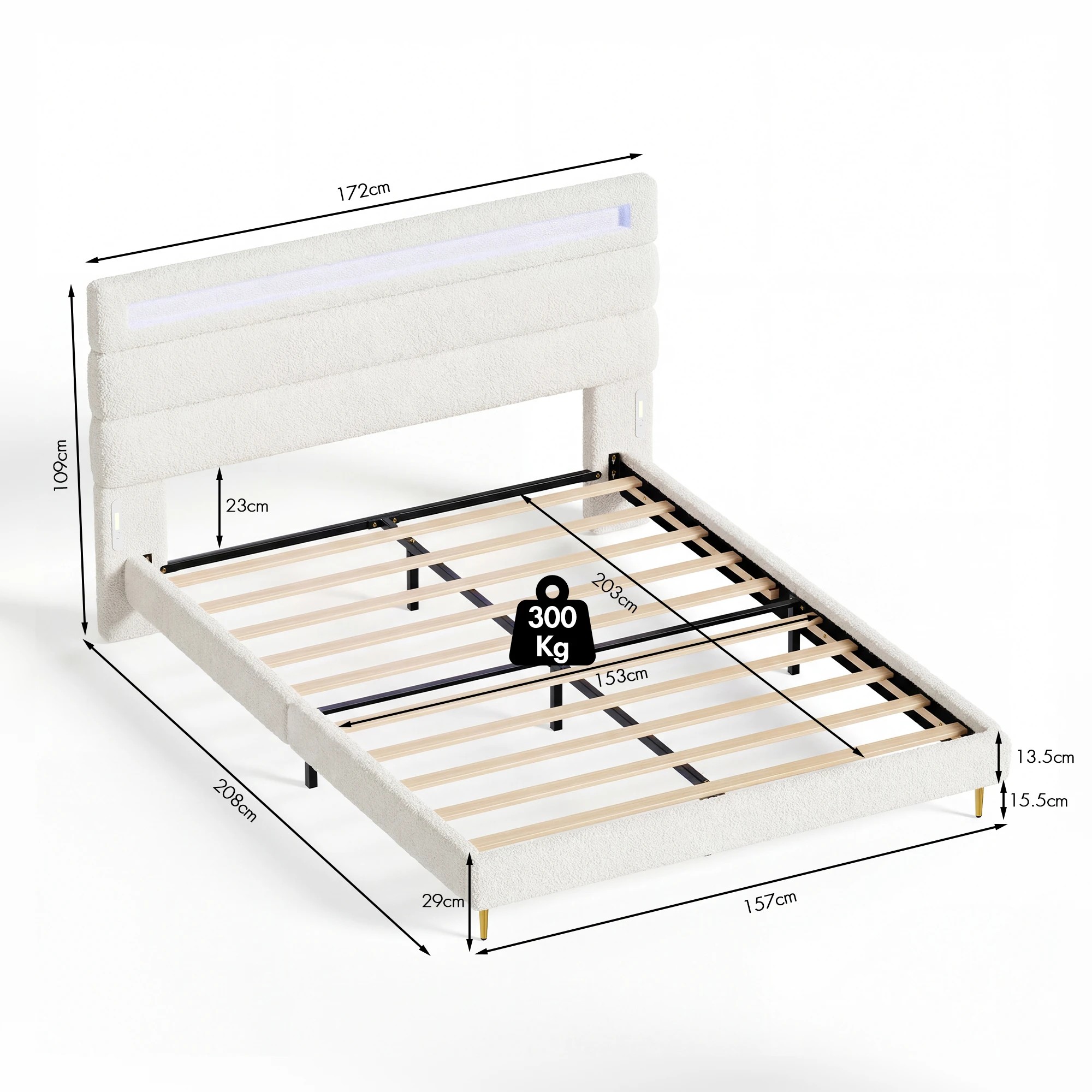 3 Advwin Queen Cloud Bed Frame Teddy Fleece Upholstered LED Light Charging Ports - White, 3 of 8