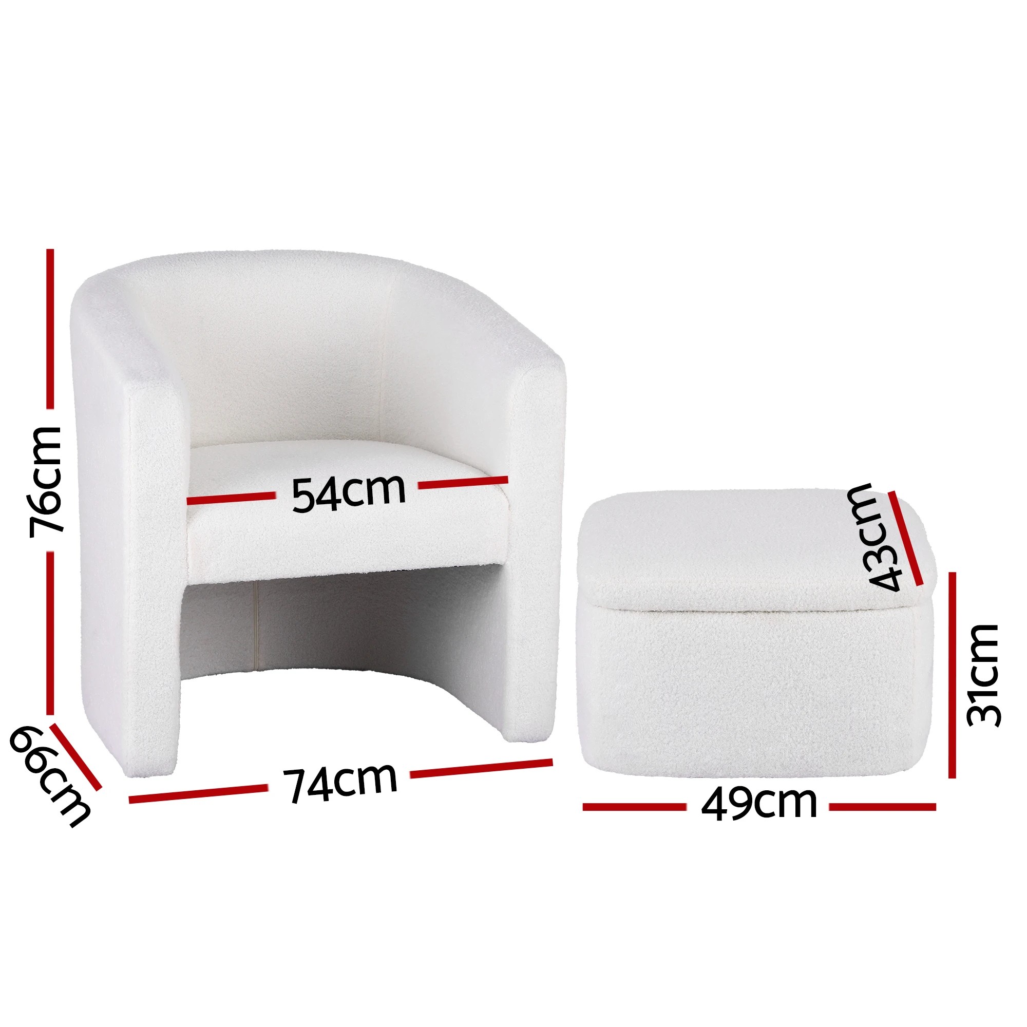 2 Artiss Armchair Accent Chair w/Ottoman Lounge Footrest Storage Boucle - White, 2 of 3