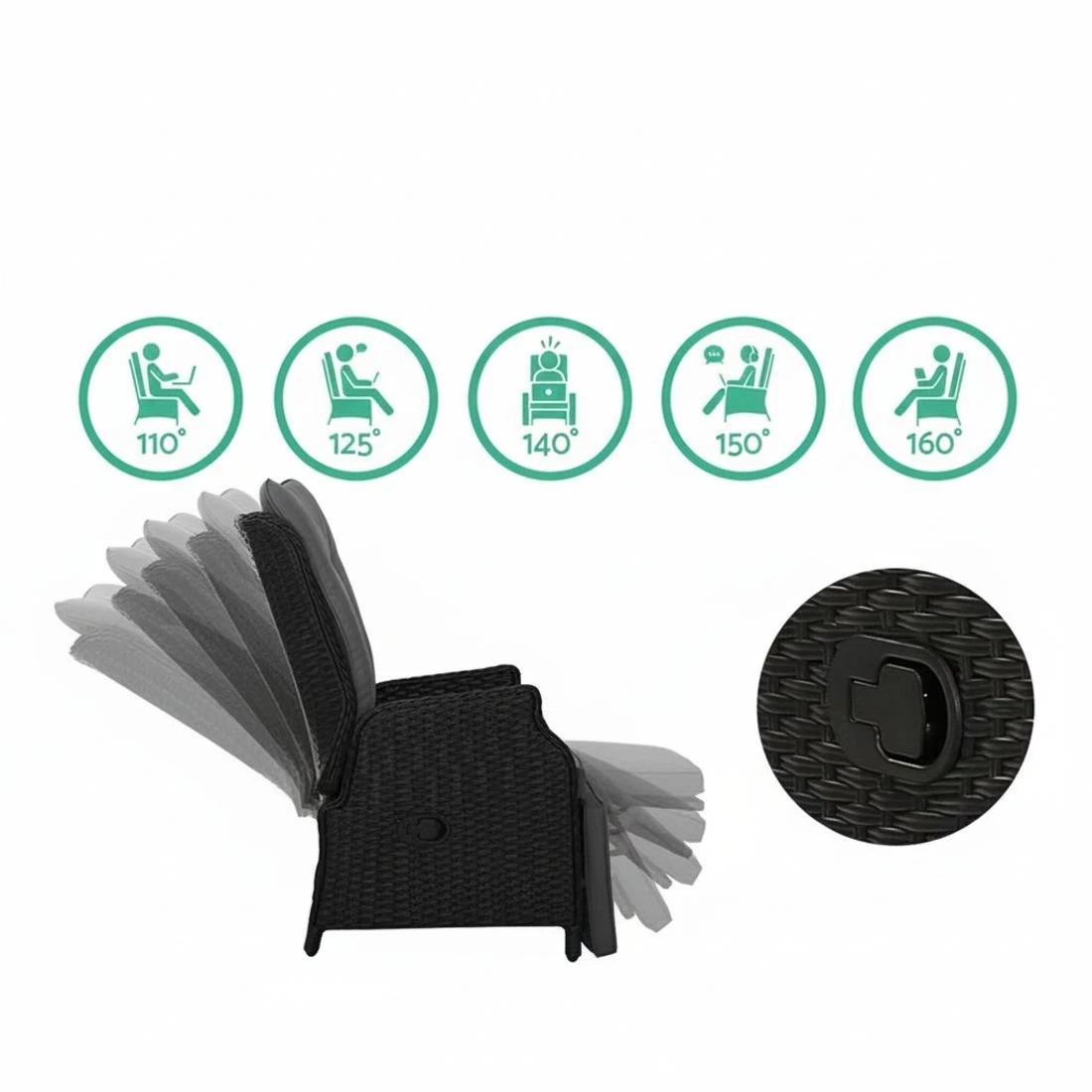 6 Gardeon 3PC Recliner Chairs Table Sun lounge - Black, 6 of 6