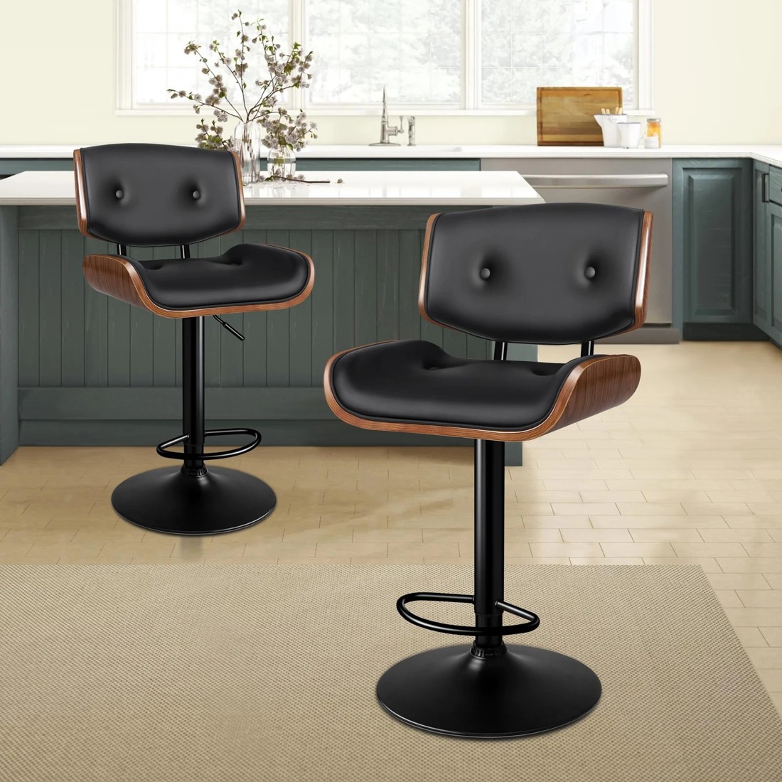 2 Alfordson 2x Bar Stool Kitchen Swivel Chair Wooden Leather Gas Lift - Black, 2 of 9