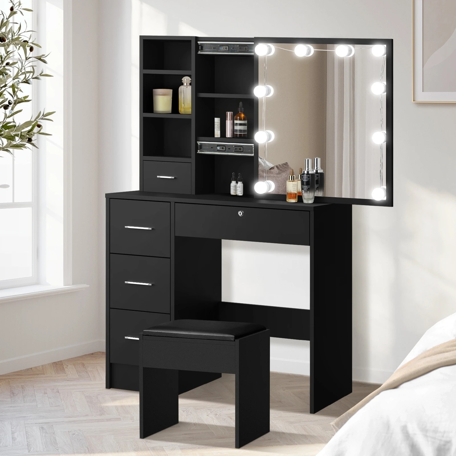 2 Oikiture Dressing Table Stool Set Makeup Slide Mirror Drawer 10 Led Bulbs
 - Black, 2 of 9