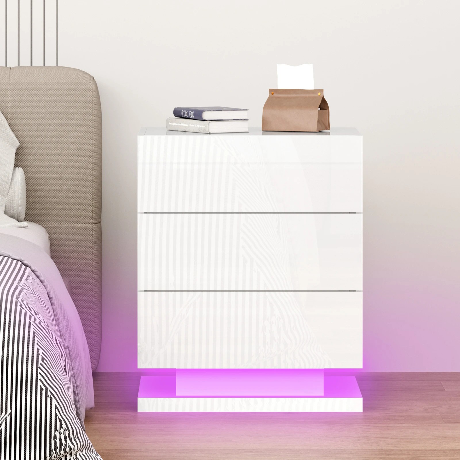 6 Alfordson Bedside Table RGB LED Nightstand 3 Drawers 4 Side High Gloss - White, 6 of 10