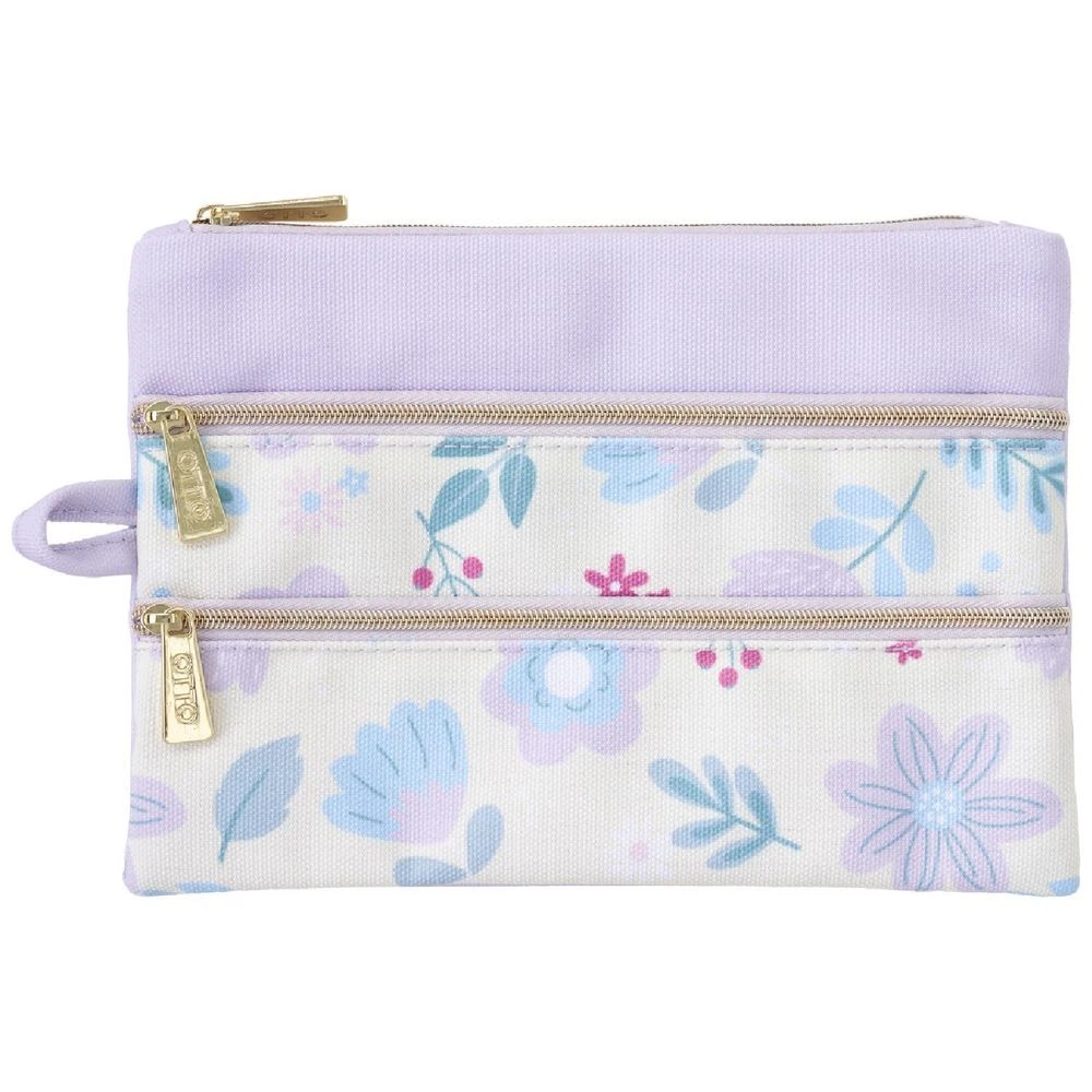 1 Otto Recycle Triple Zip Pencil Case Floral Purple, 1 of 3