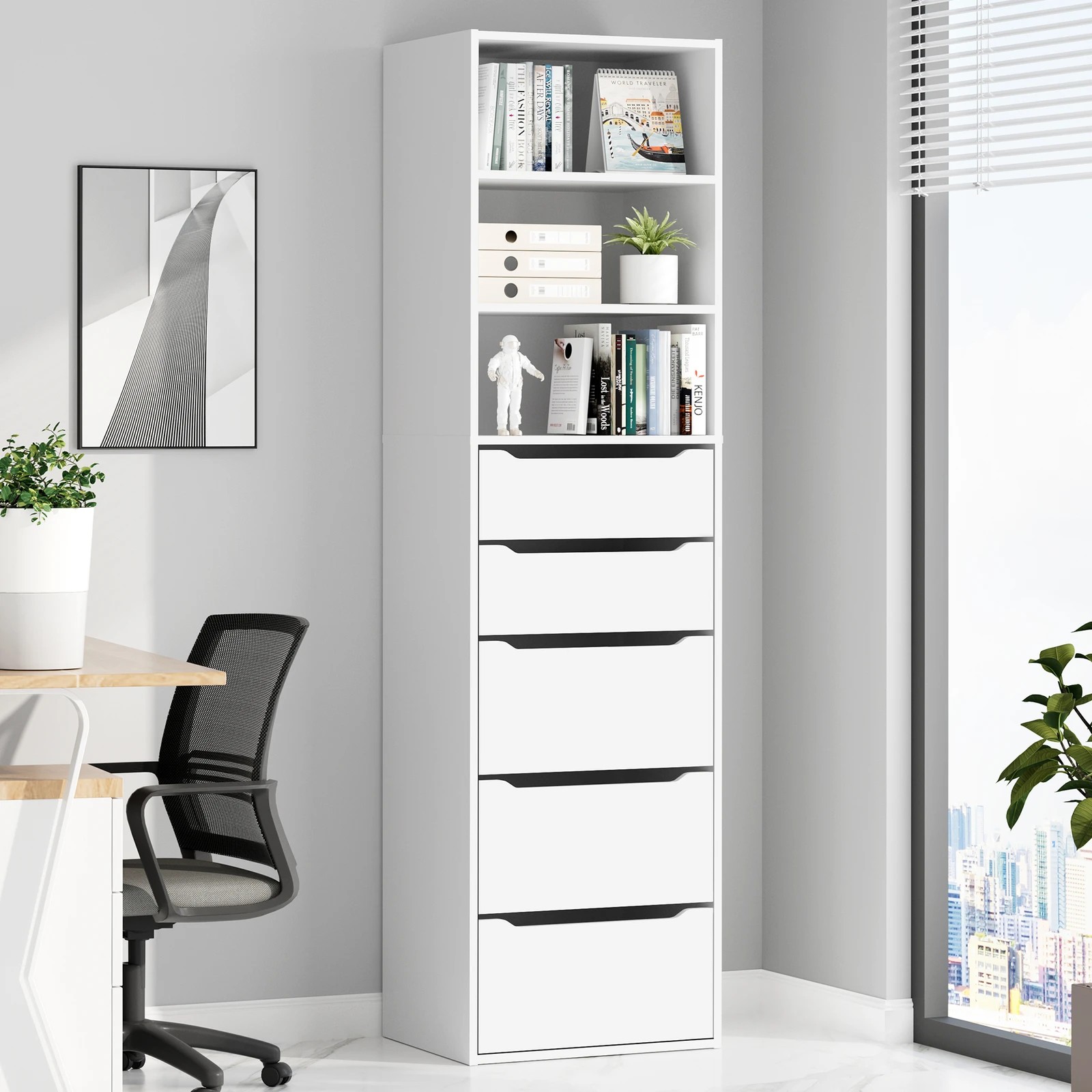 2 Alfordson Chest of 5 Drawers Office Storage Cabinet Tallboy Bedroom - White, 2 of 10