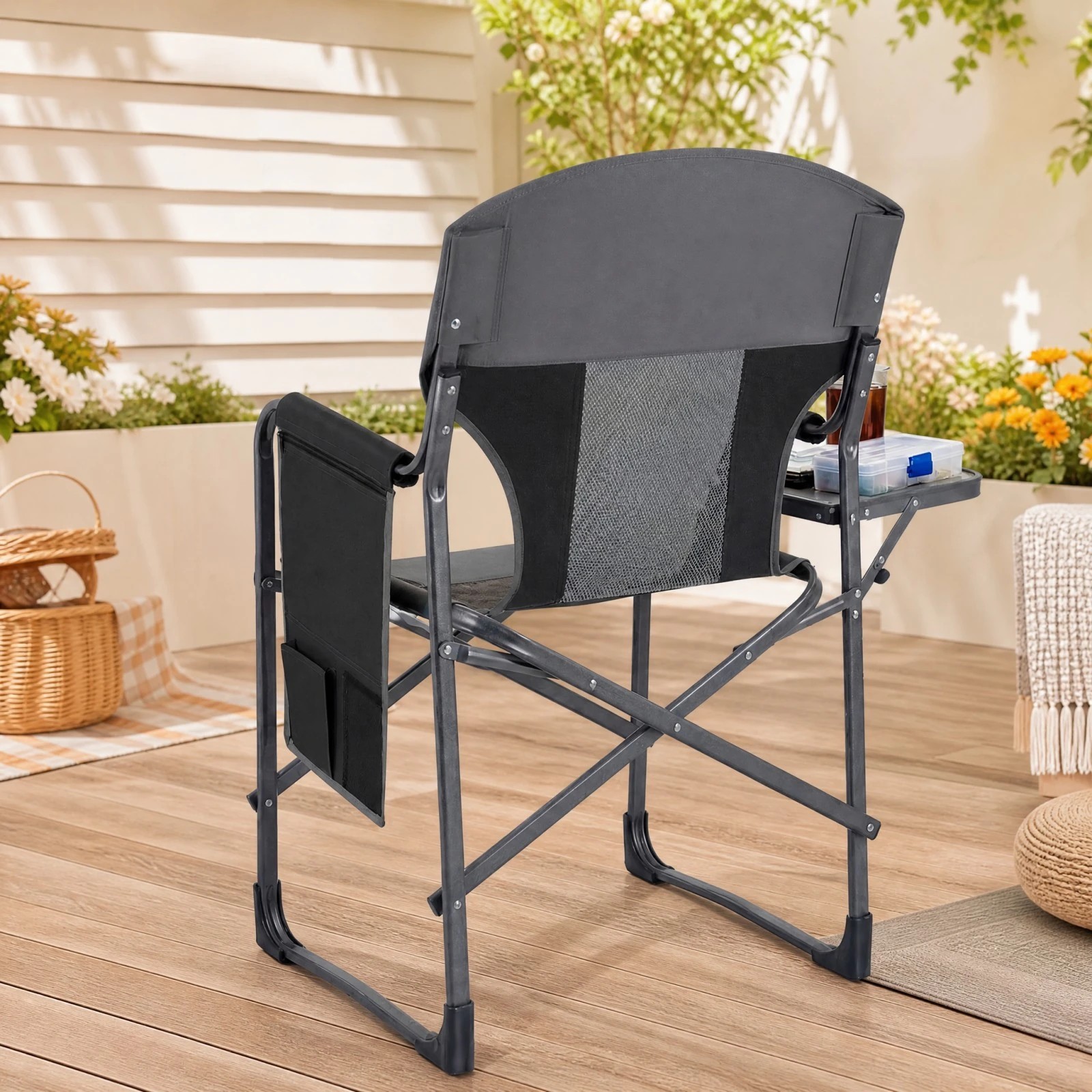 2 Costway Folding Camping Chair Oversize Padded Portable Directors Chair w/Side Table - Black, 2 of 6