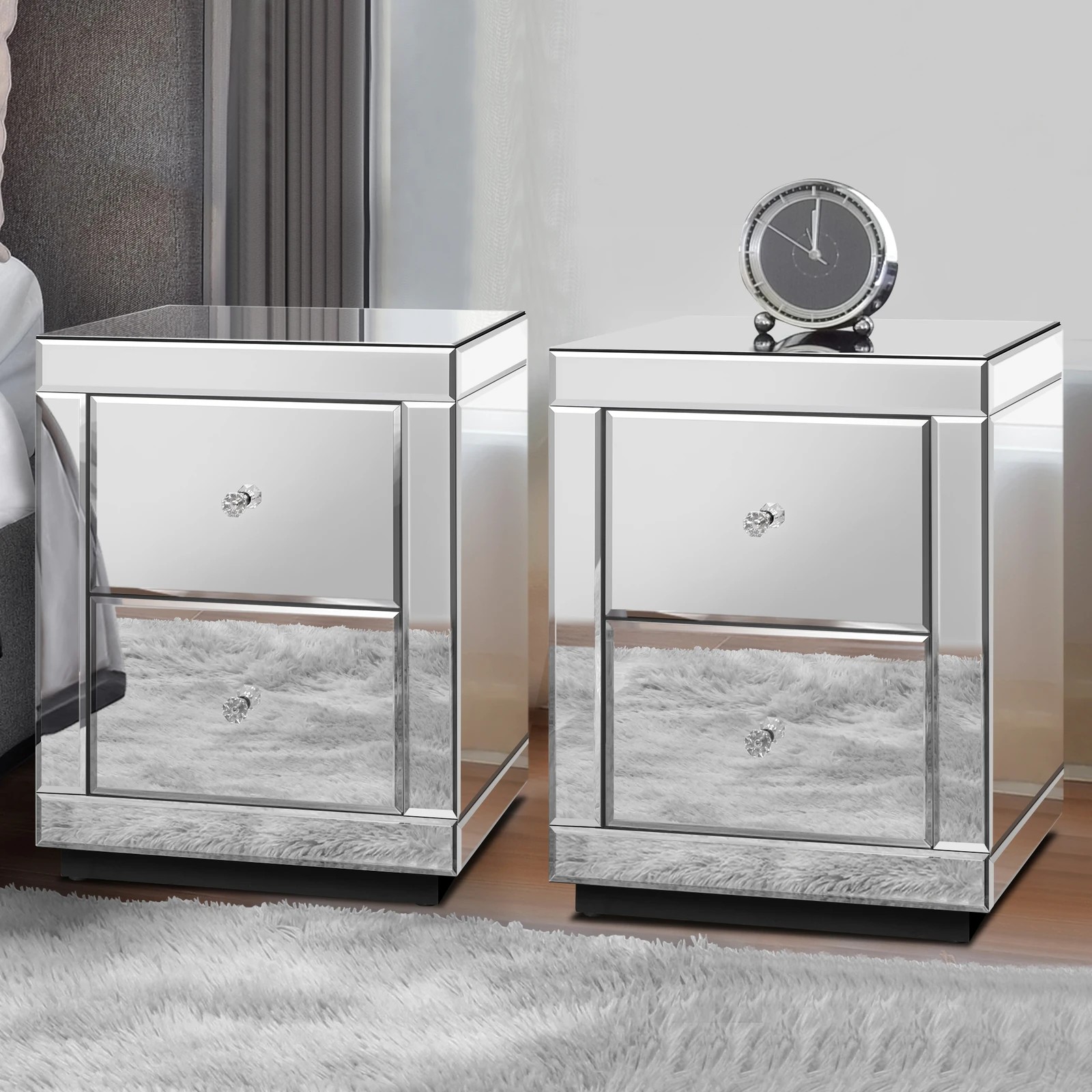 2 Alfordson 2x Mirrored Bedside Table Nightstand Storage Drawers - Silver, 2 of 10