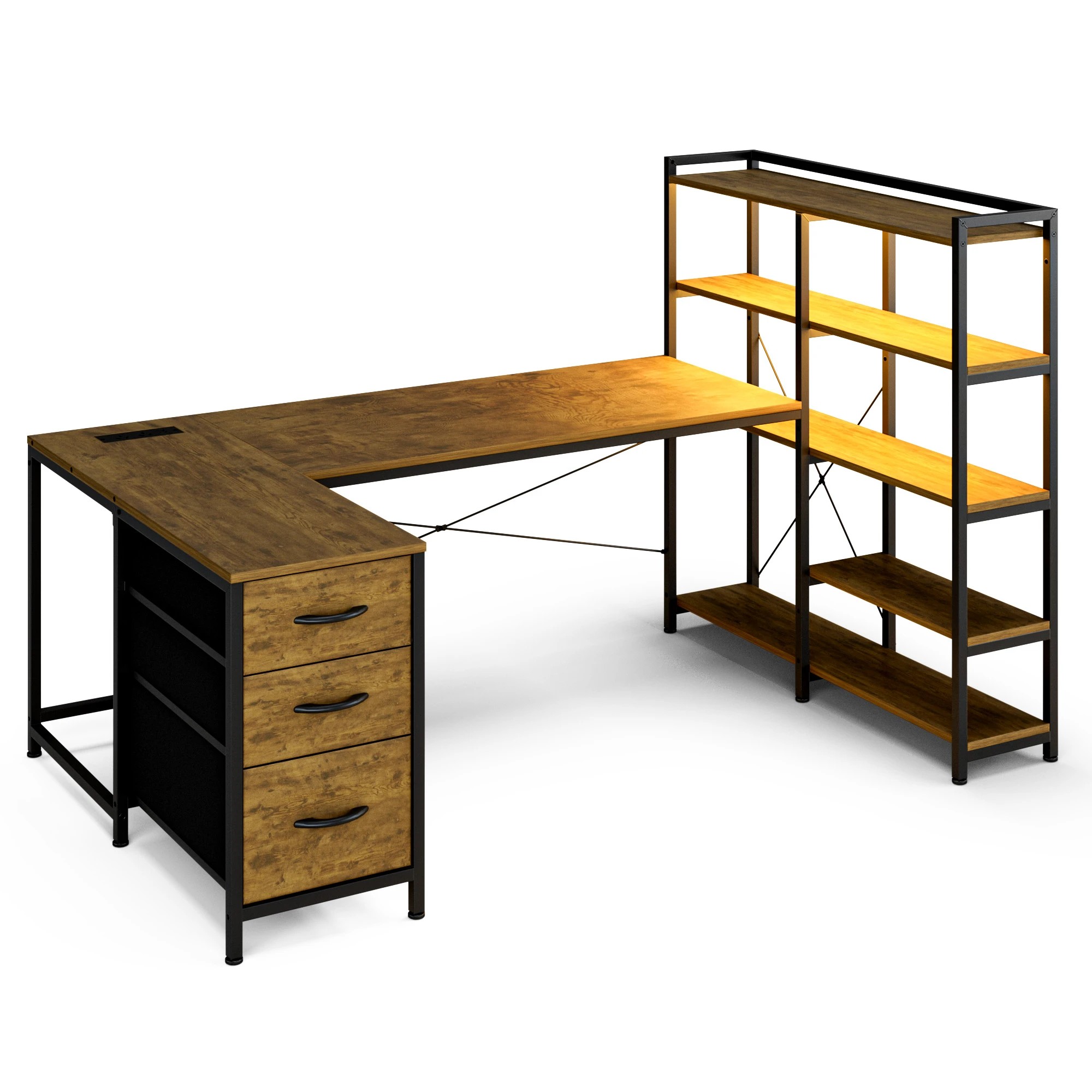 6 Advwin U Shaped Gaming Desk With Led Lights & Power Outlets Reversible 164cm Computer Desk With Bookshelf Walnut, 6 of 10