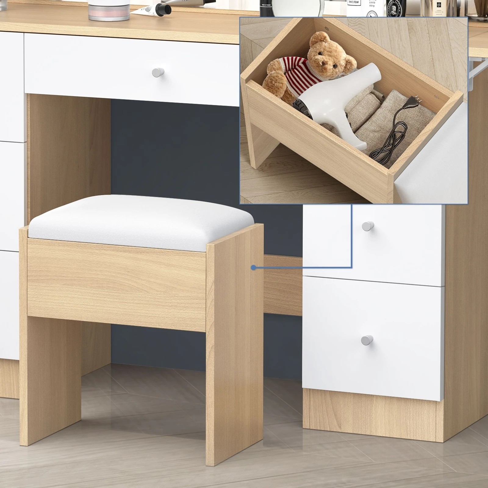 7 Alfordson Dressing Table Stool Set Makeup Mirror LED Vanity Desk 7 Drawers - Wood, 7 of 10