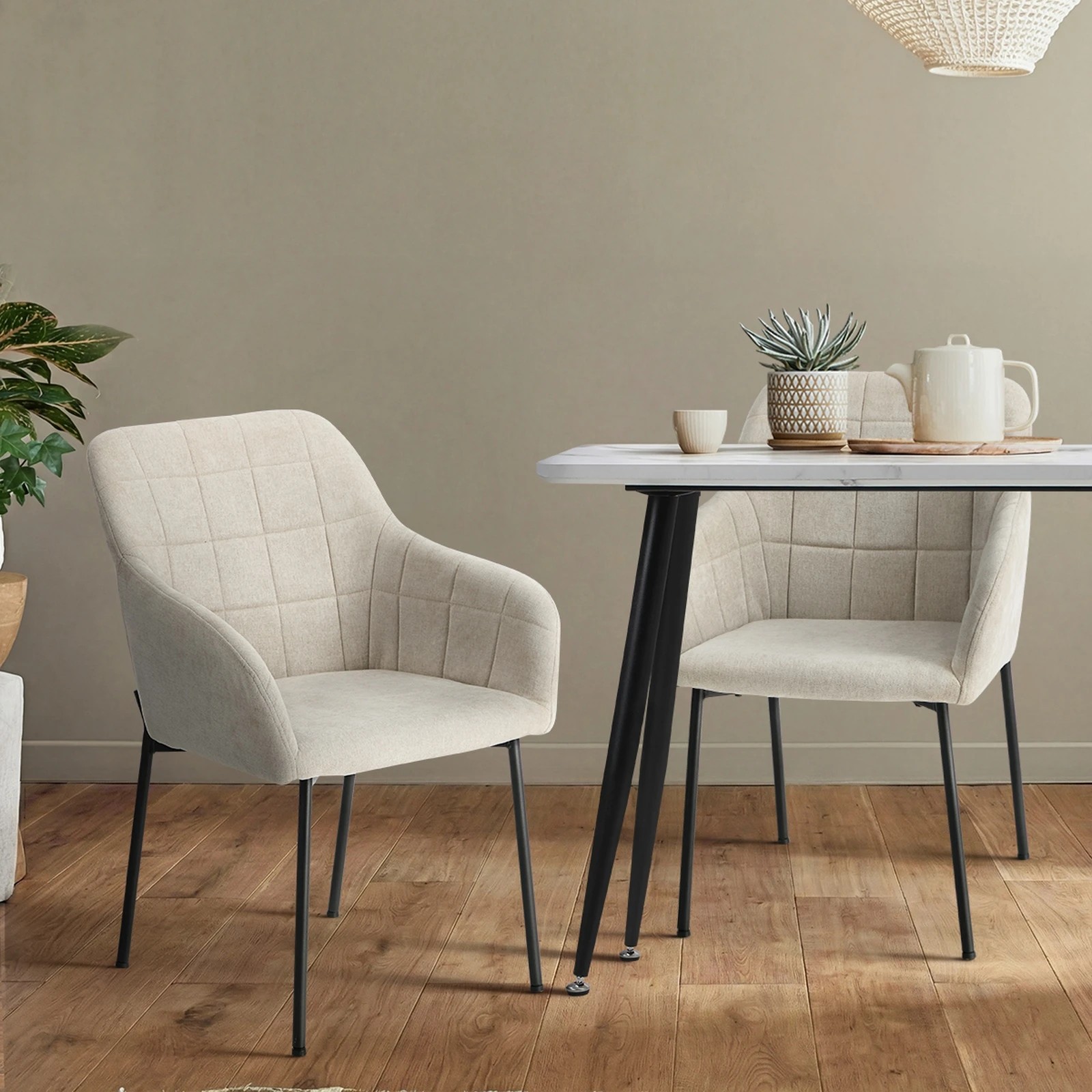 4 Oikiture 4x Dining Chairs Kitchen Accent Armchairs Linen Fabric - Beige, 4 of 10