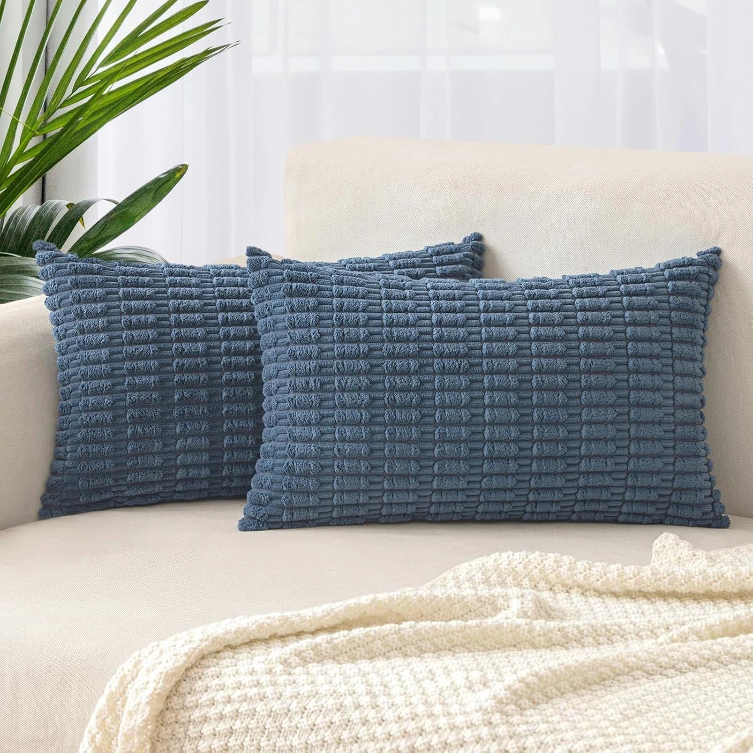 1 Gioia Casa 2-Pack Boho Striped Corduroy Cushion Covers 30x50cm - Dusty Blue, 1 of 3