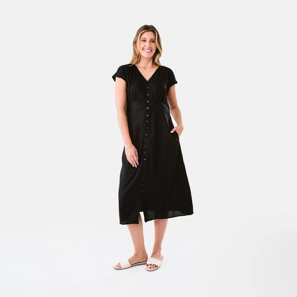 1 Short Sleeve Button Down Tea Midi Dress Black, 1 of 8