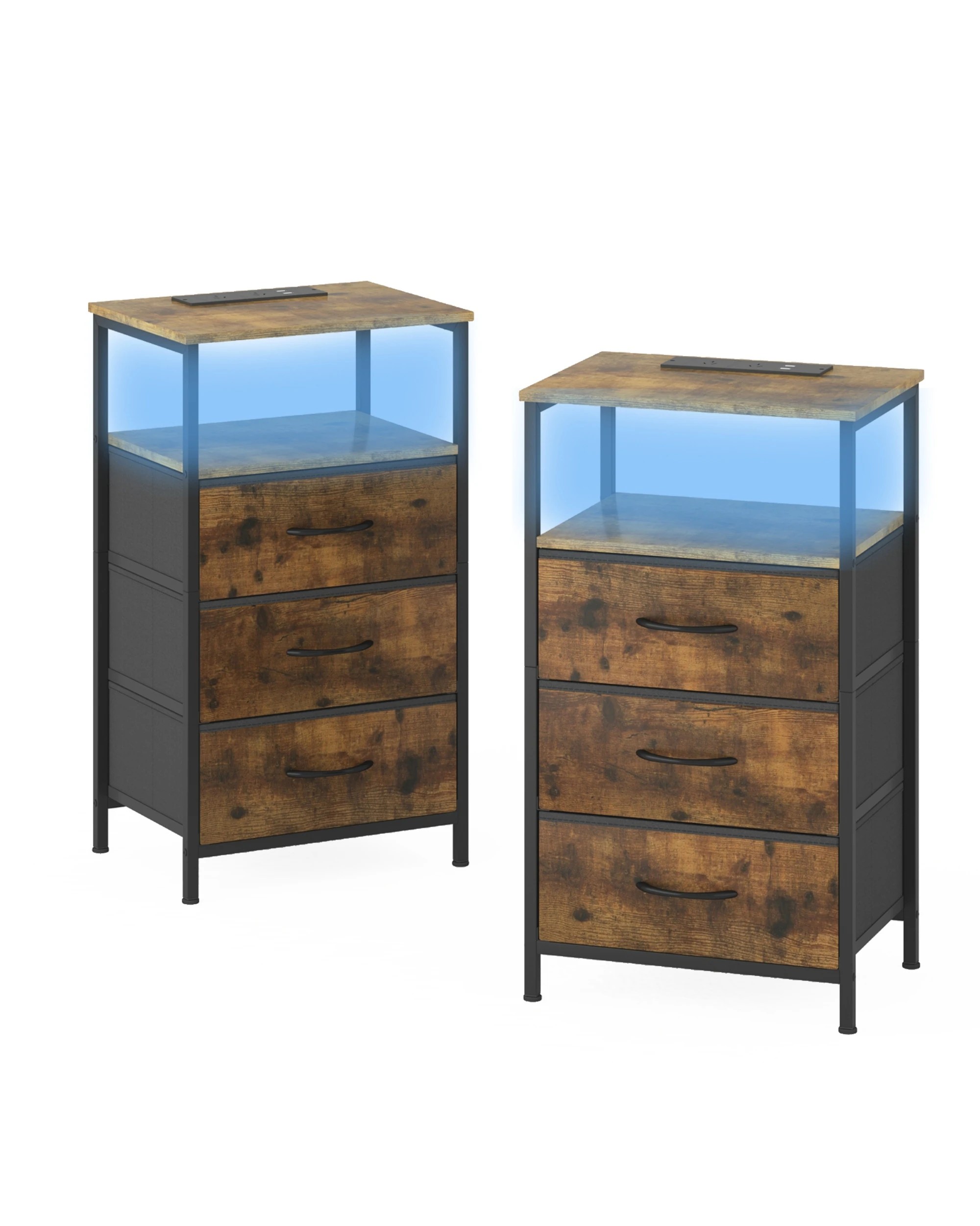 1 Advwin Set of 2 Led Bedside Table with Charging Station 3 Fabric Drawers - Brown, 1 of 7