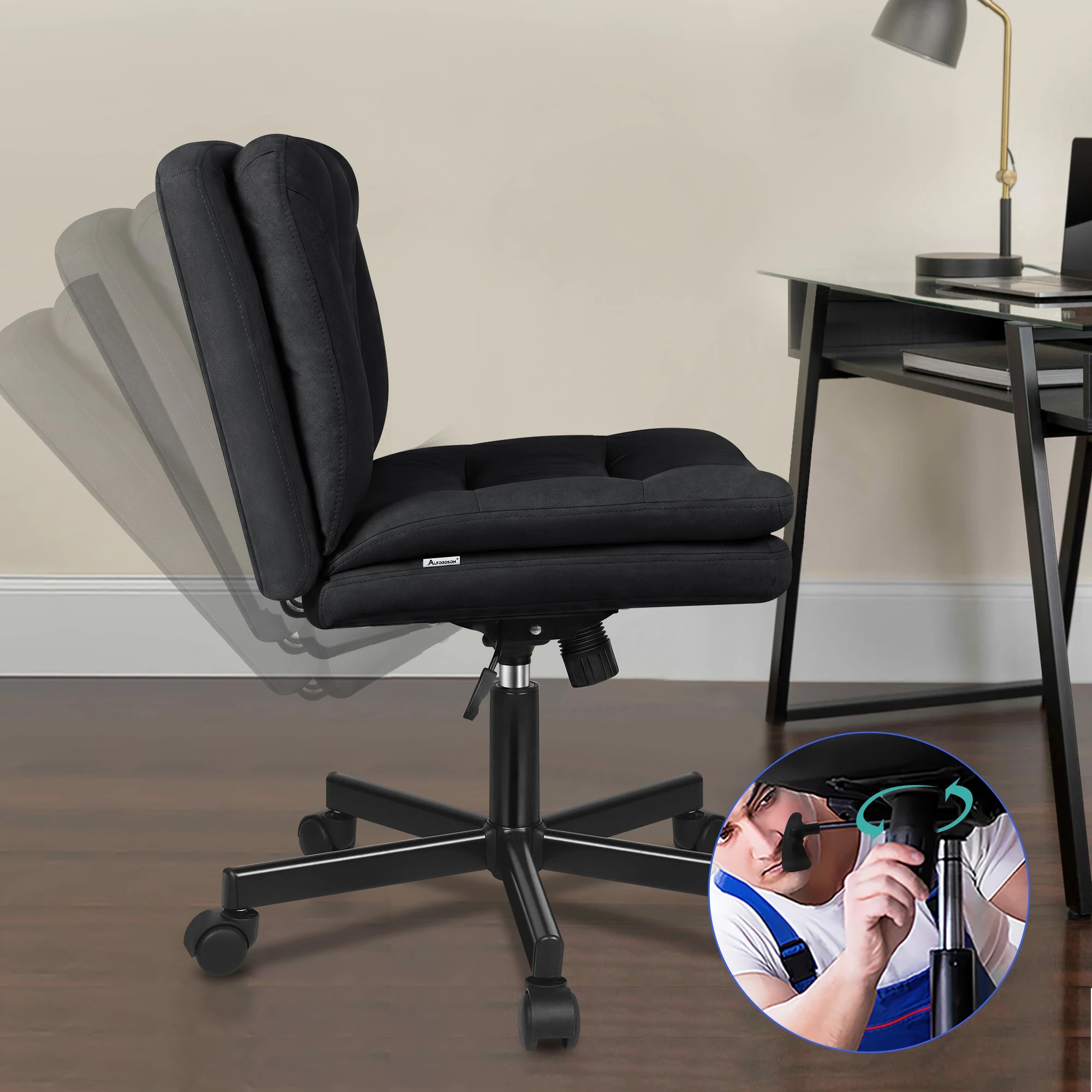 4 Alfordson Armless Office Desk Chair Mid Back Wide Seat w/ Wheels Fabric - Black, 4 of 8