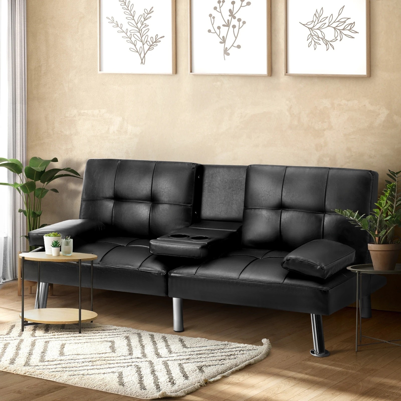 2 Oikiture Sofa Bed Lounge Leather 3 Seater Futon Couch Beds Sofabeds Cup Holder
 - Black, 2 of 10