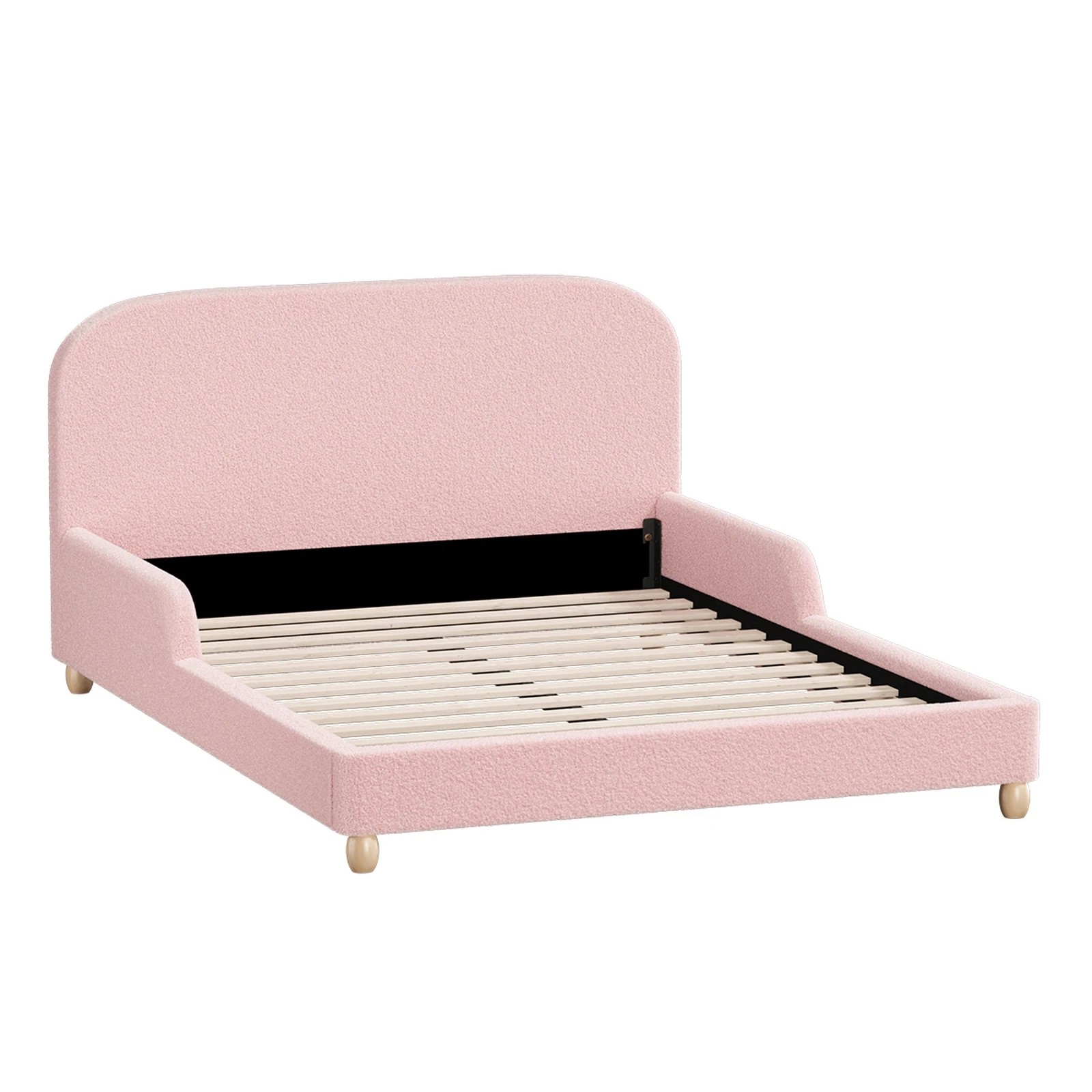 1 Oikiture Kids Bed Frame Double Size With Side Guard Rails Boucle - Pink, 1 of 7