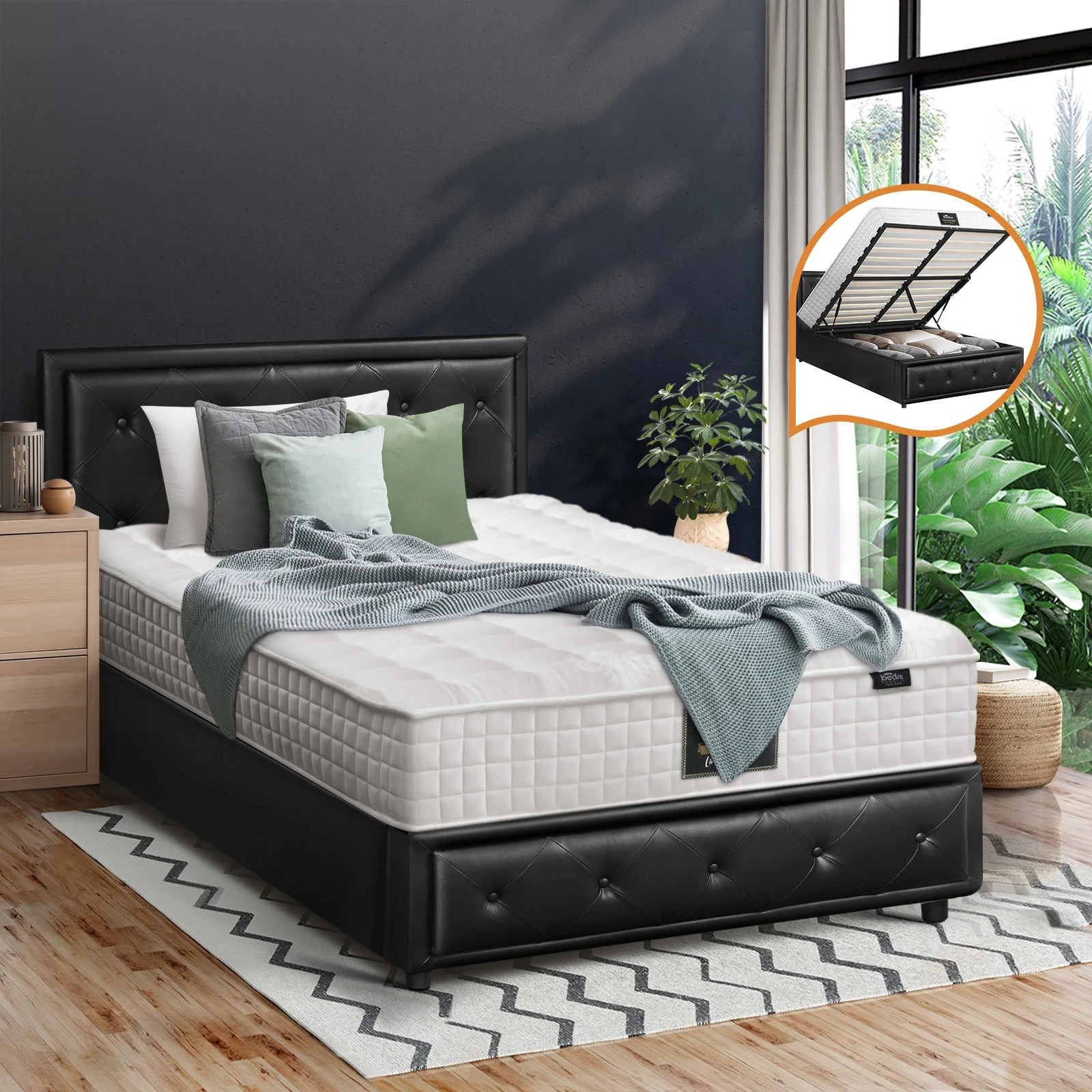 3 Oikiture Bed Frame King Single Gas Lift Storage with Mattress ENZO - Black, 3 of 8