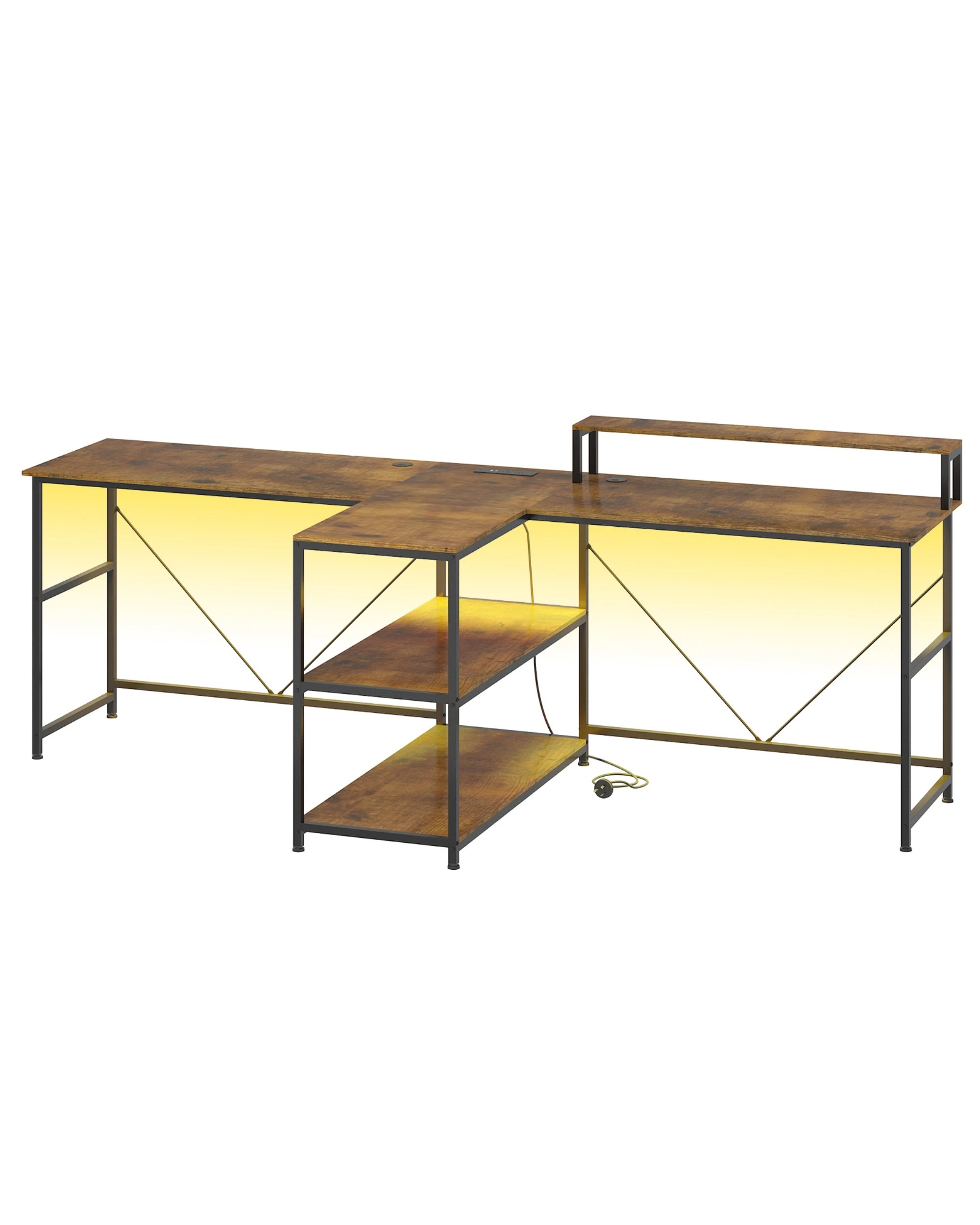 8 Advwin 236cm 2 Person LED Gaming  Computer Desks w/ Power Outlets - Brown, 8 of 9