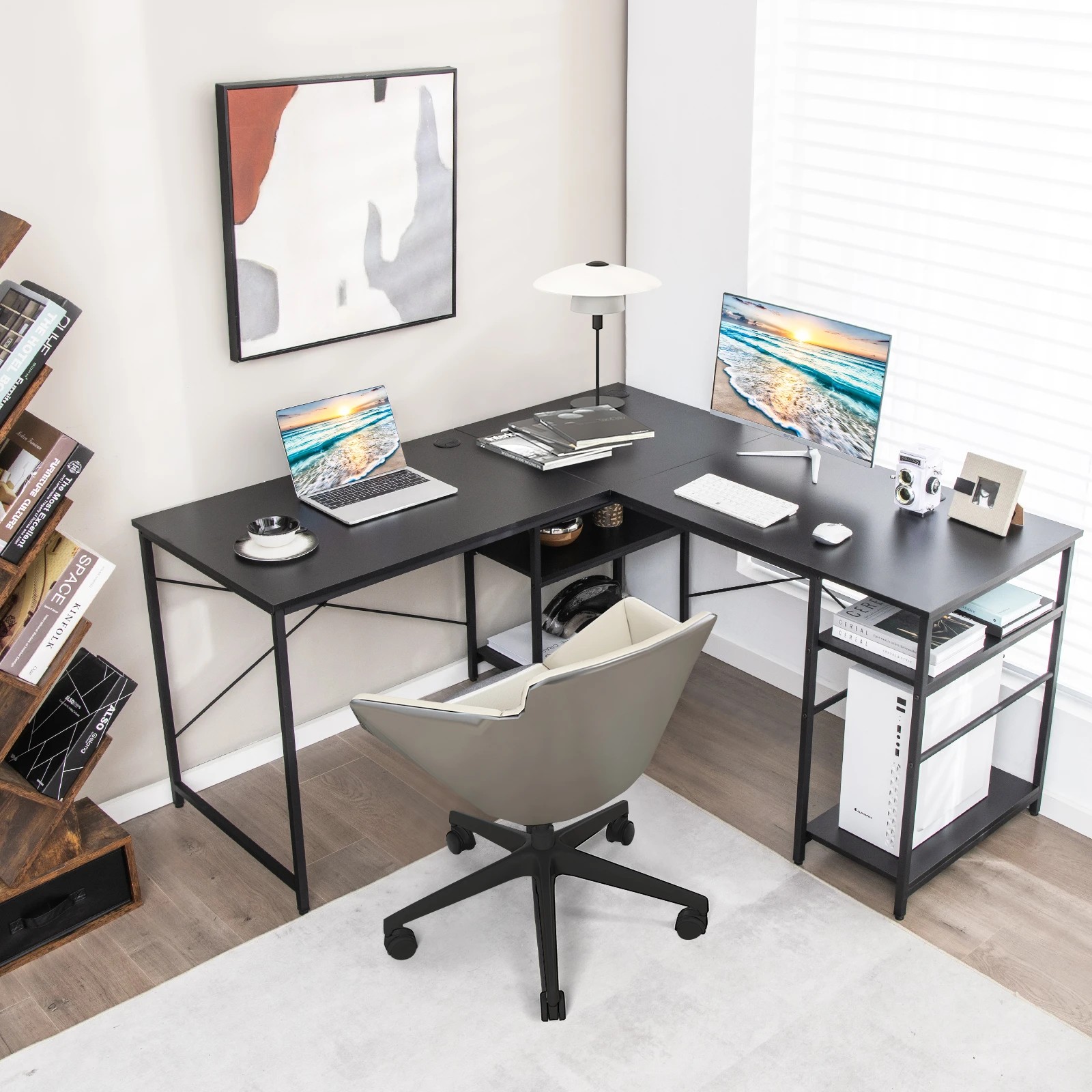 3 Costway L-shaped Computer Desk 2-Person Convertible Corner Desk w/Storage Shelves, 3 of 4