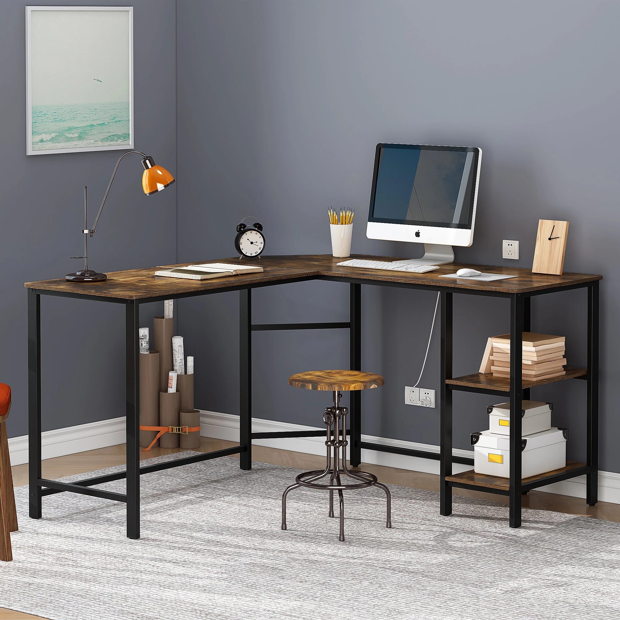 9 Foret Computer Desk Lshape Office Corner Table Storage Study Work Metal Antique, 9 of 10
