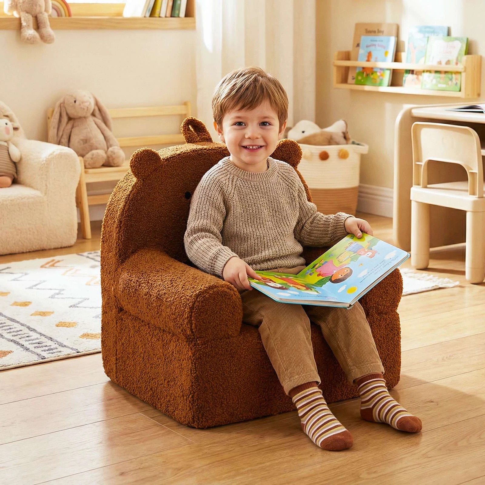 2 Costway Little Bear Sofa Foam Couch Cute Reading Chair Teddy Fleece Fabric - Brown, 2 of 2