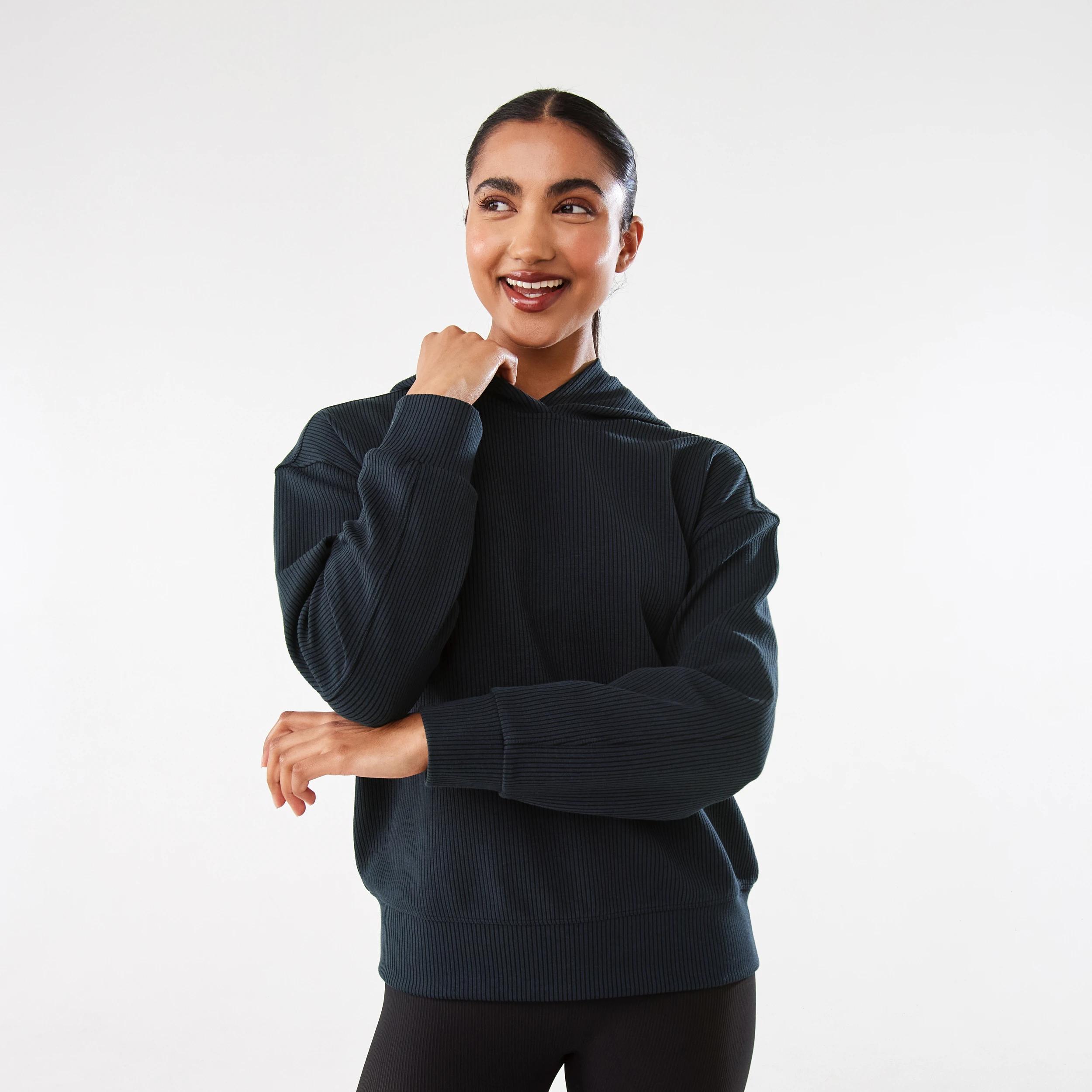 1 Active Womens Ribbed Scuba Hoodie WASHED BLACK, 1 of 10