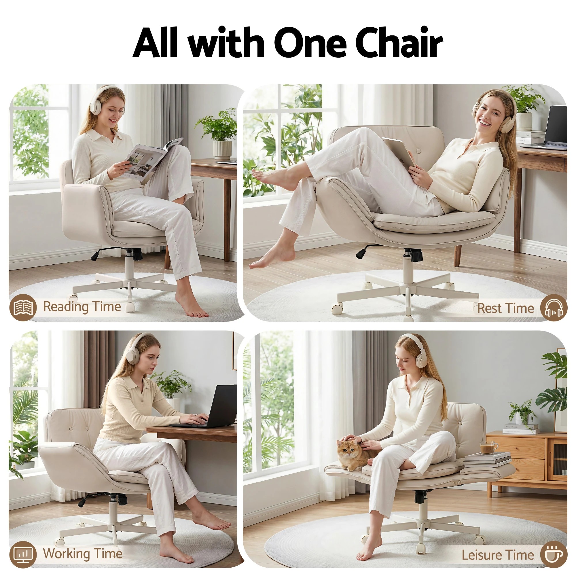 2 Artiss Criss Cross Chair with Wheels & Adjustable Armrests, Ergonomic Cross Legged Office Desk Chair - Natural, 2 of 7