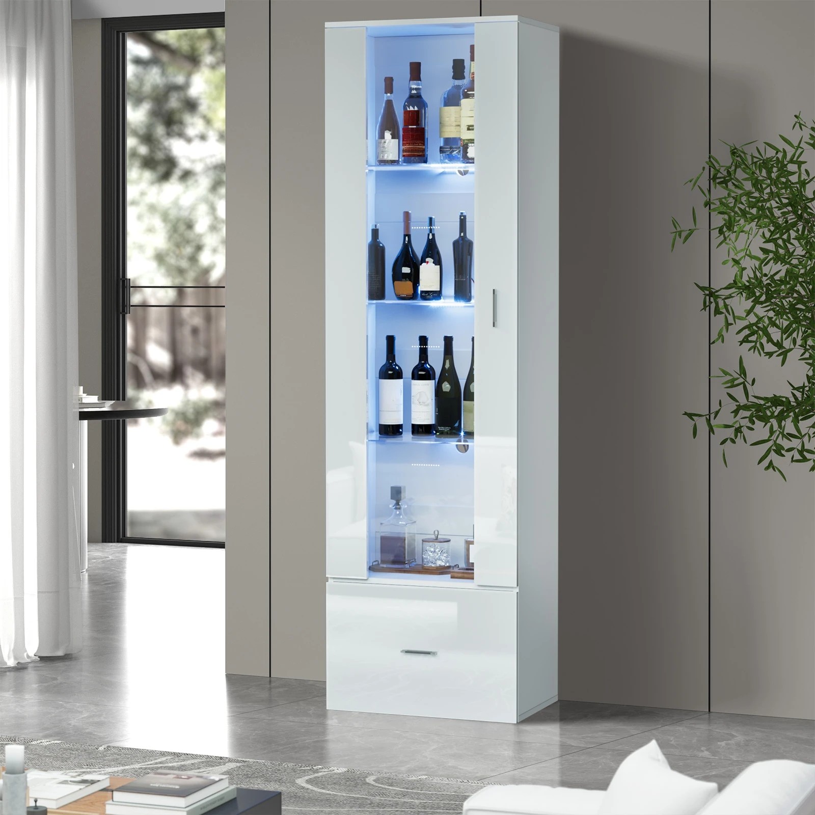 3 Oikiture Display Cabinet Buffet Sideboard LED Light Cupboard- White, 3 of 10