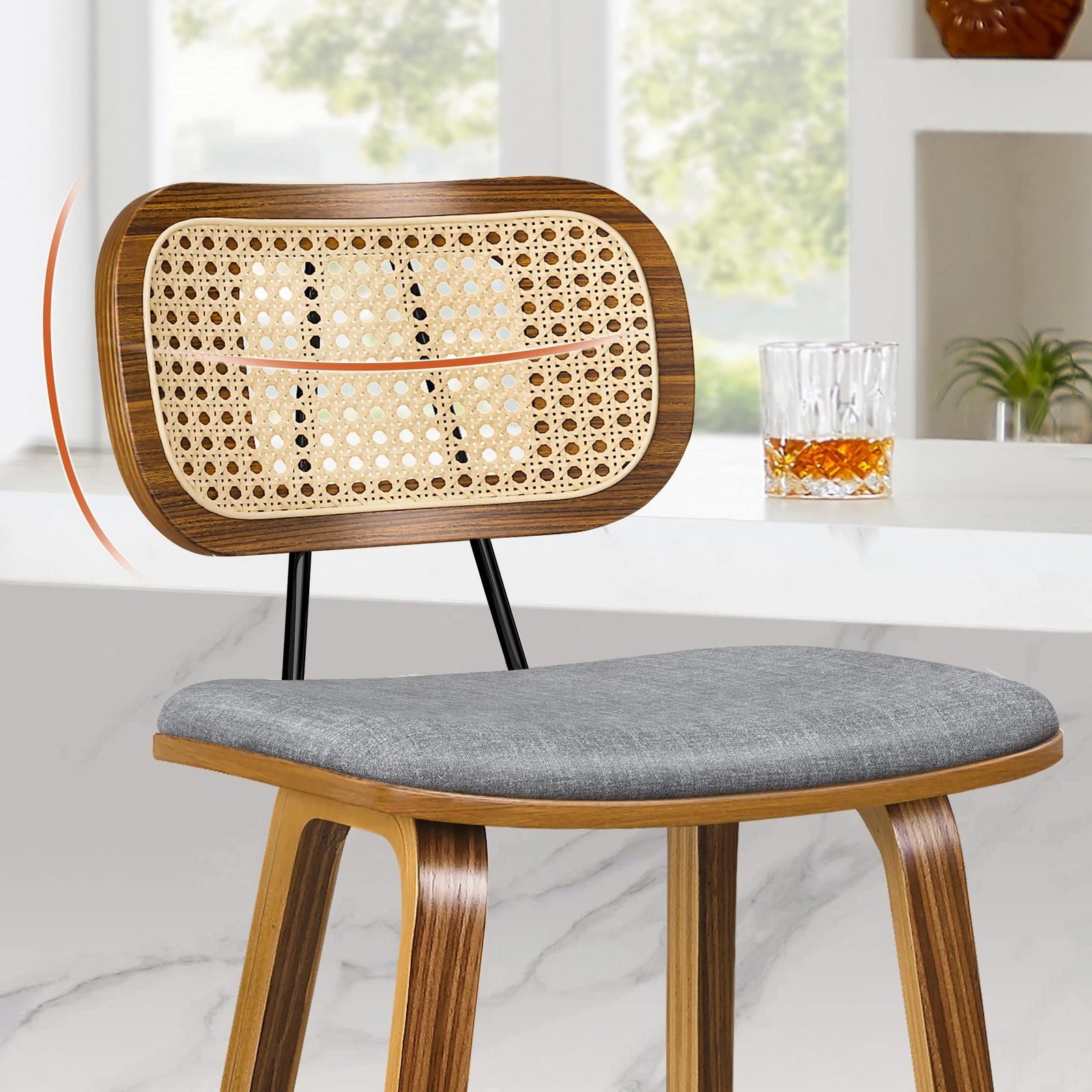 3 Alfordson 2x Bar Stools Kitchen Vintage Fabric Seat Rattan Chair Wooden - Grey, 3 of 8