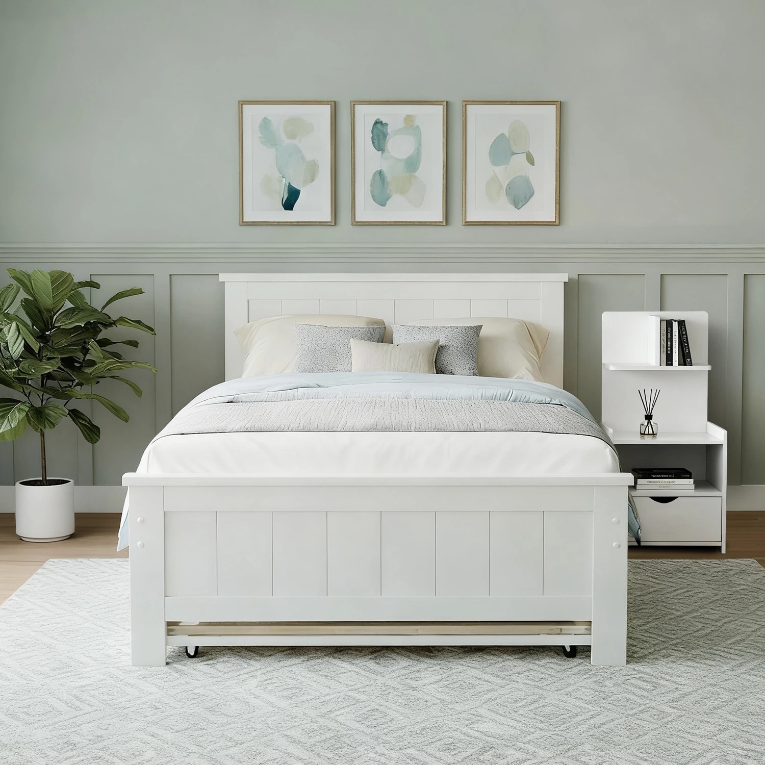 1 Artiss King Single Bed Frame and Bedside Table - White, 1 of 9