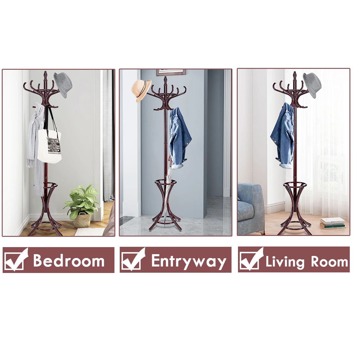 4 Costway 12 Hook Wood Coat & Hat Rack Clothes Stand Storage Tree Shelf, 4 of 10