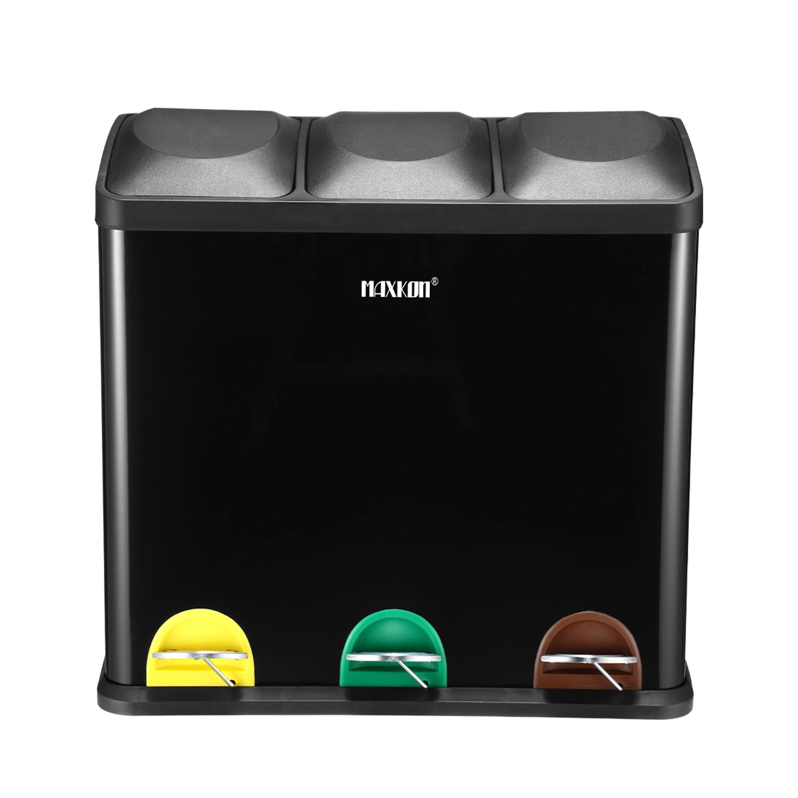 3 Maxkon 54L Rubbish Bin Triple Compartment Pedal Recycling Kitchen Waste Garbage Household Stepbin Coated Steel Black, 3 of 6
