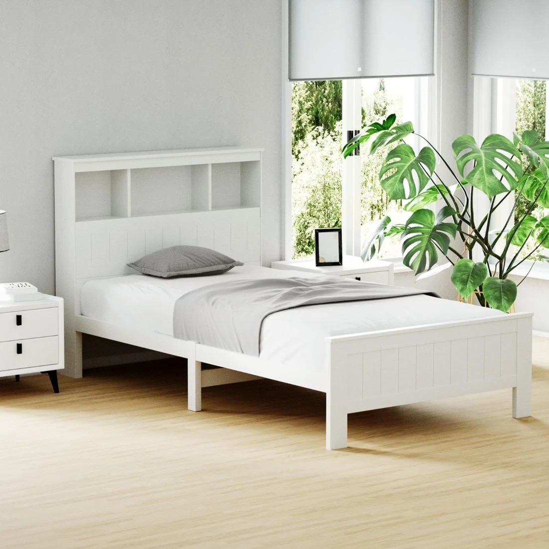3 Artiss Bed Frame King Single Size Wooden with 3 Shelves Bed Head - White, 3 of 7