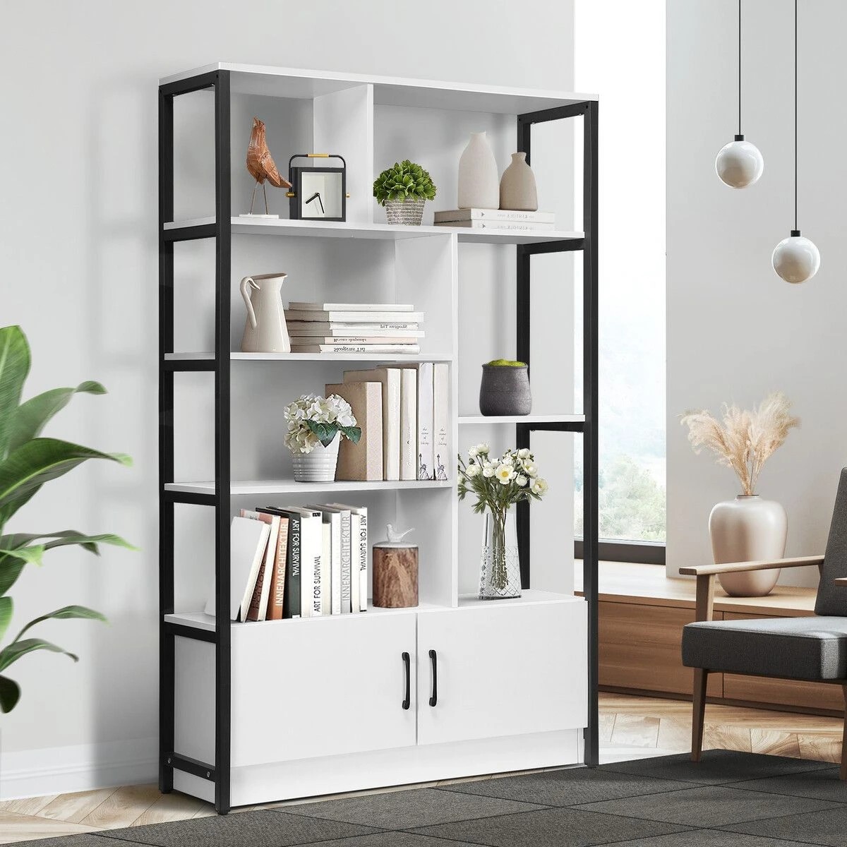 3 LUXSUITE 5 Tier Display Shelf Bookshelf Storage Cabinet Rack with 2 Lockable Doors, 3 of 9
