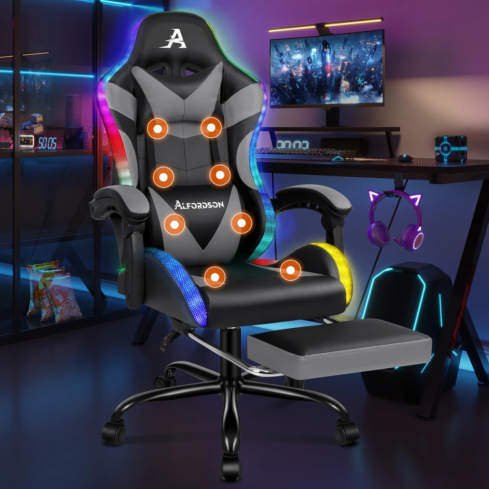 2 Alfordson Gaming Chair Office Massage 12 RGB LED Computer Seat PU Leather - Grey, 2 of 10