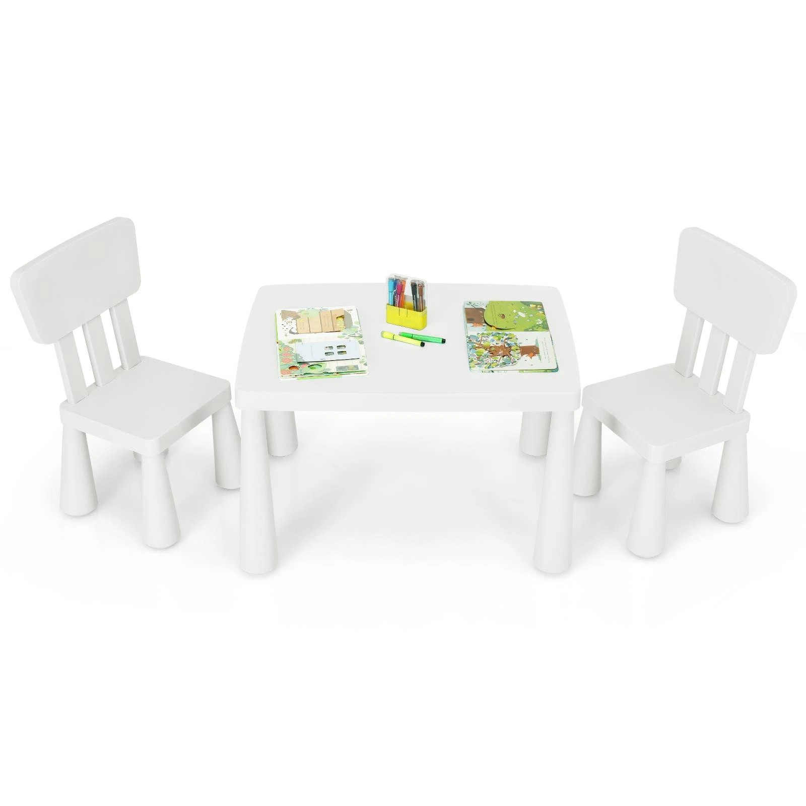 1 Costway Kids Table & Chairs Set Study Drawing Desk - White, 1 of 5