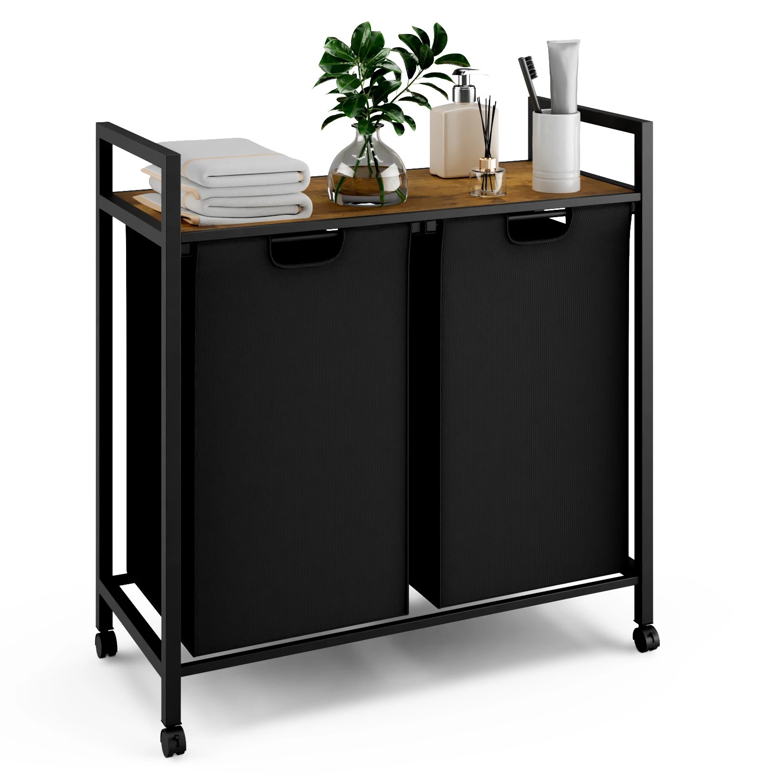 1 Advwin Laundry Hamper with Shelf 2x45L Pull-out Removable Bags - Black, 1 of 4