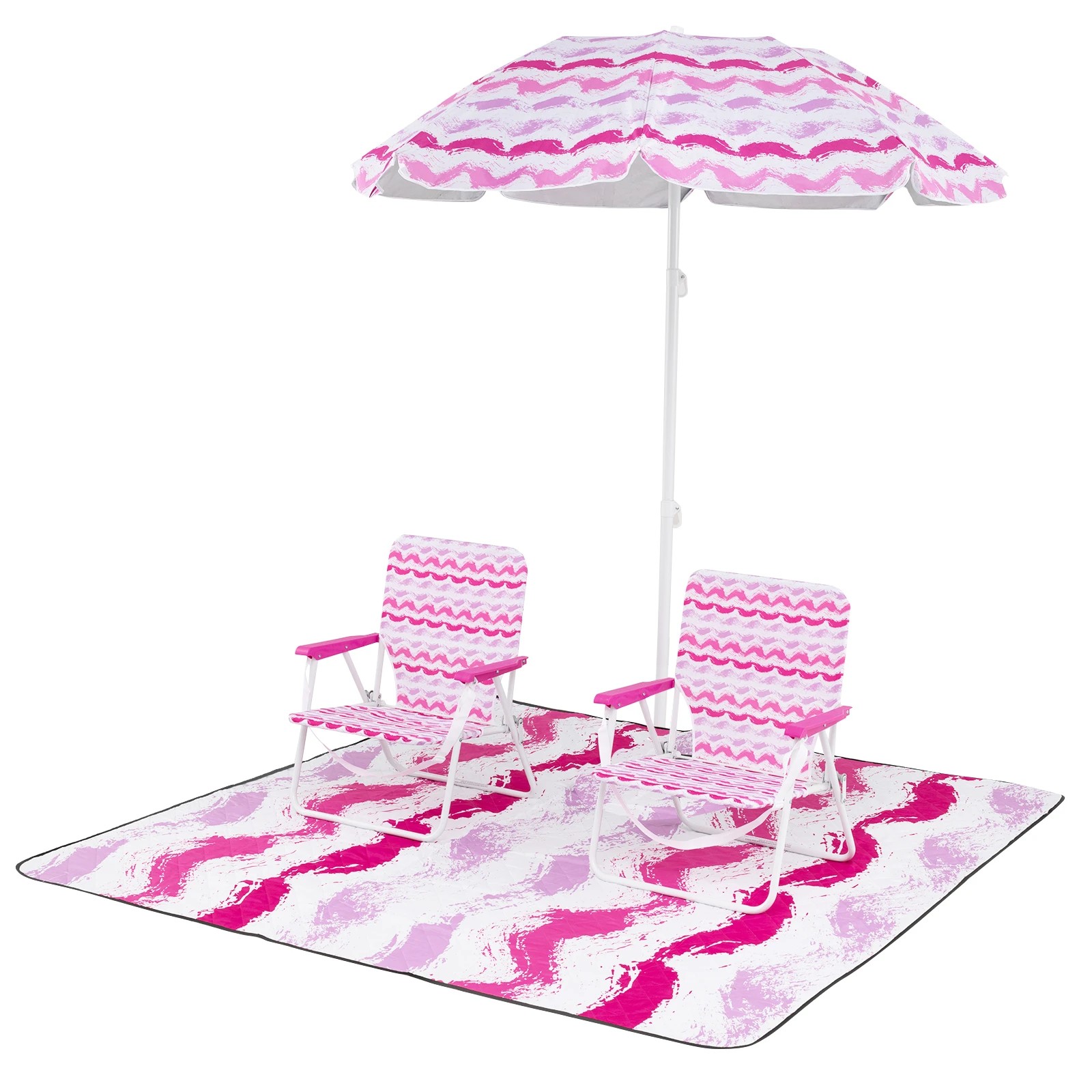 1 Costway 4PCS Beach Umbrella Set w/2 Foldable Chairs Picnic Blanket Tilt Sun Protection - Pink, 1 of 1