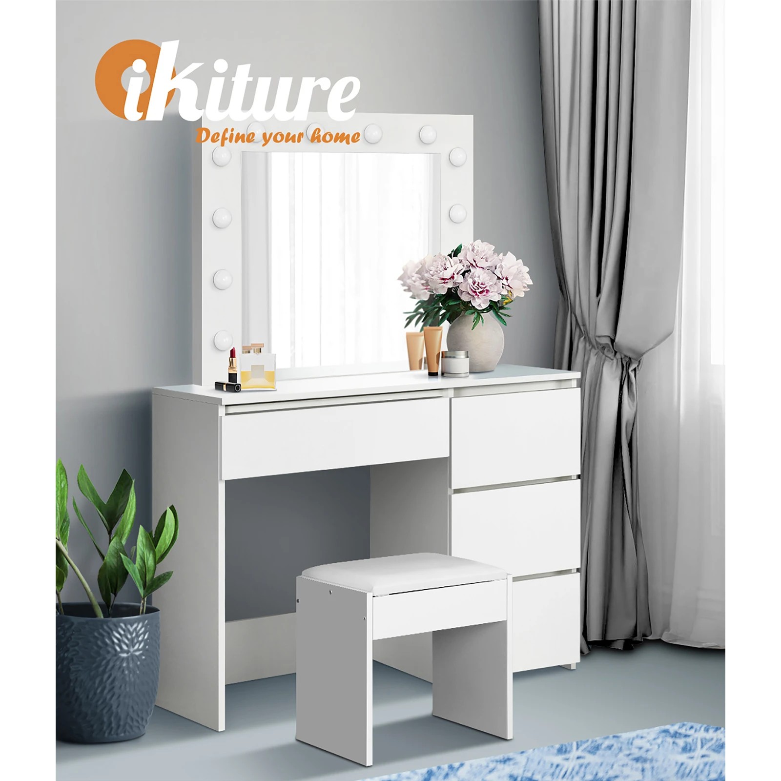 6 Oikiture Dressing Table Stool Set Makeup Desk Mirror Storage 12 Led Bulbs
 - White, 6 of 9