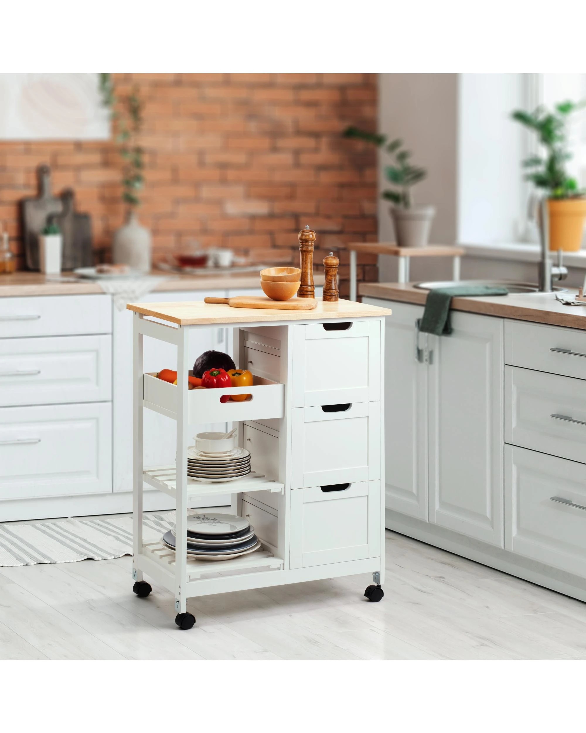 2 Kodu Mobile Kitchen Trolley Drinks Caddy 3 Drawers 2 Shelves White and Oak, 2 of 8