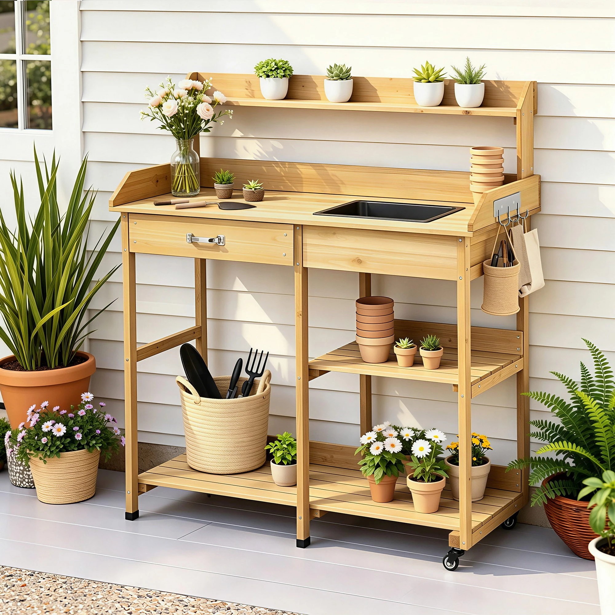 2 Gardeon Outdoor Potting Bench Table Storage Cabinet Potters Garden Workstation - Natural, 2 of 4
