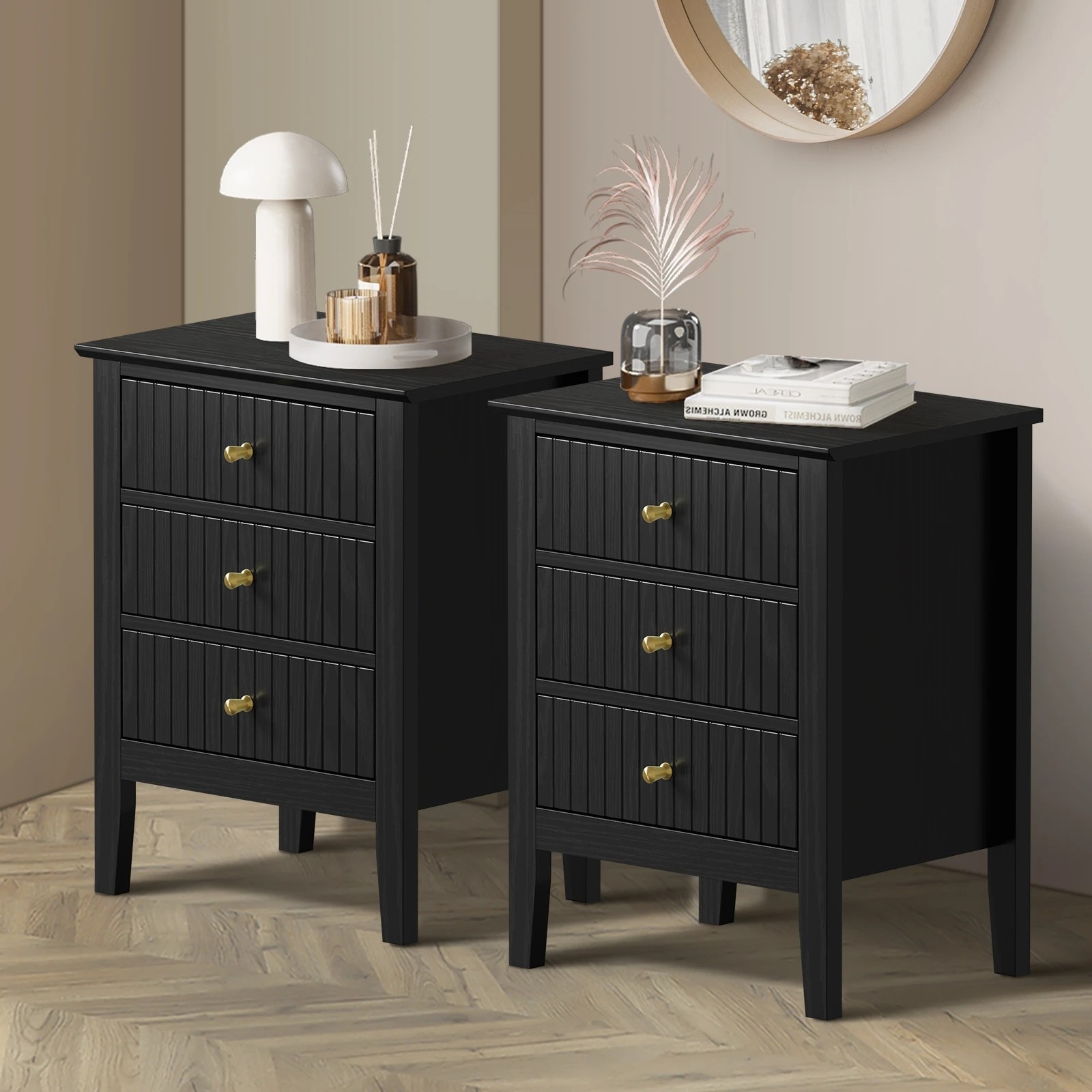 3 Oikiture Bedside Tables Set of 2 Side End Storage Furniture Nightstand - Black, 3 of 9