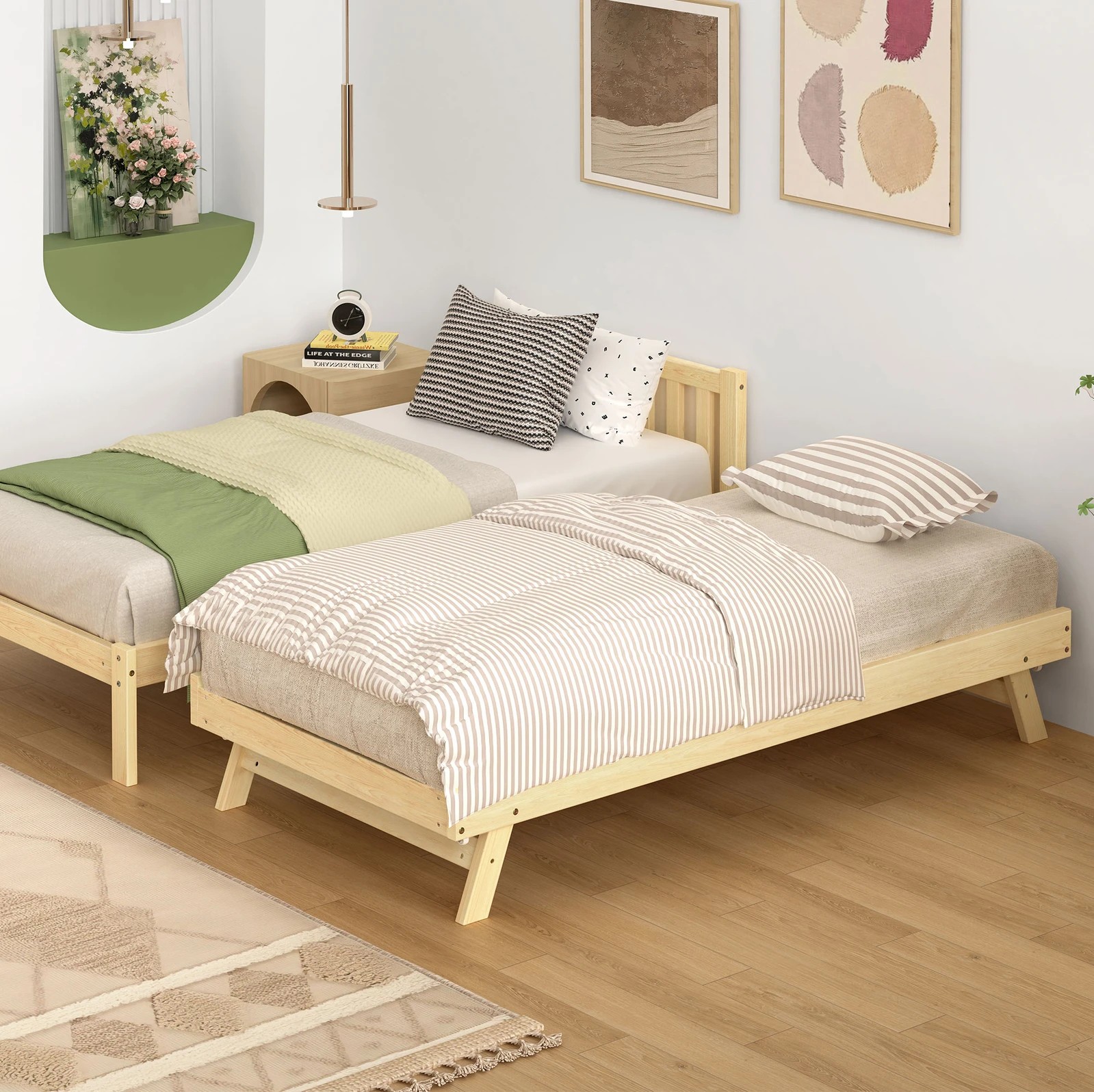 4 Alfordson Bed Frame 2x Single Size Trundle Wooden Mattress Base Timber - Natural, 4 of 10