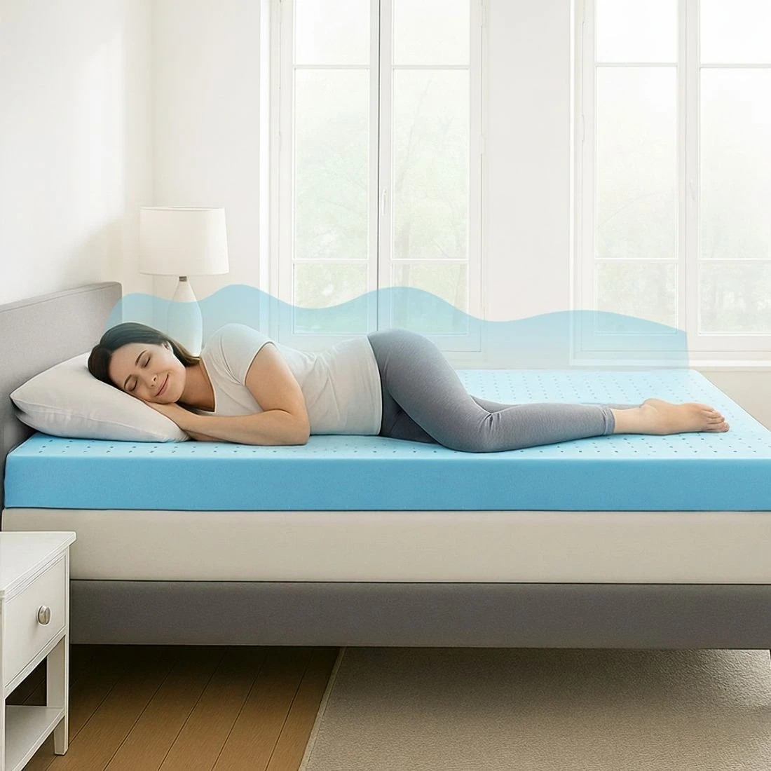 4 Giselle 12cm Memory Foam Mattress Topper Ventilated Cool Gel Bamboo Cover Queen - Queen Bed - Blue, 4 of 10